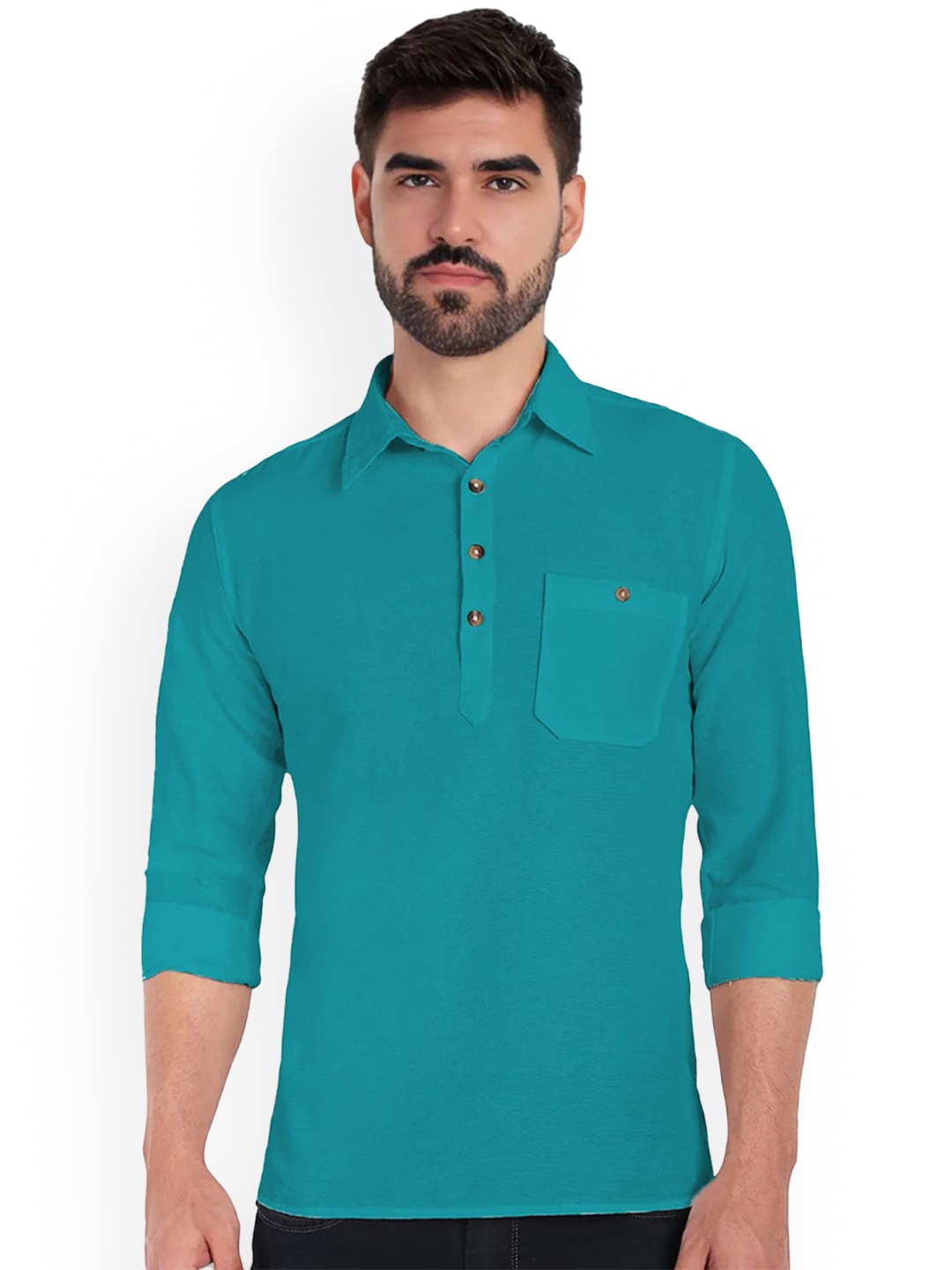 

Vida Loca Roll-Up Sleeves Shirt Collar Cotton Straight Short Kurta, Turquoise blue