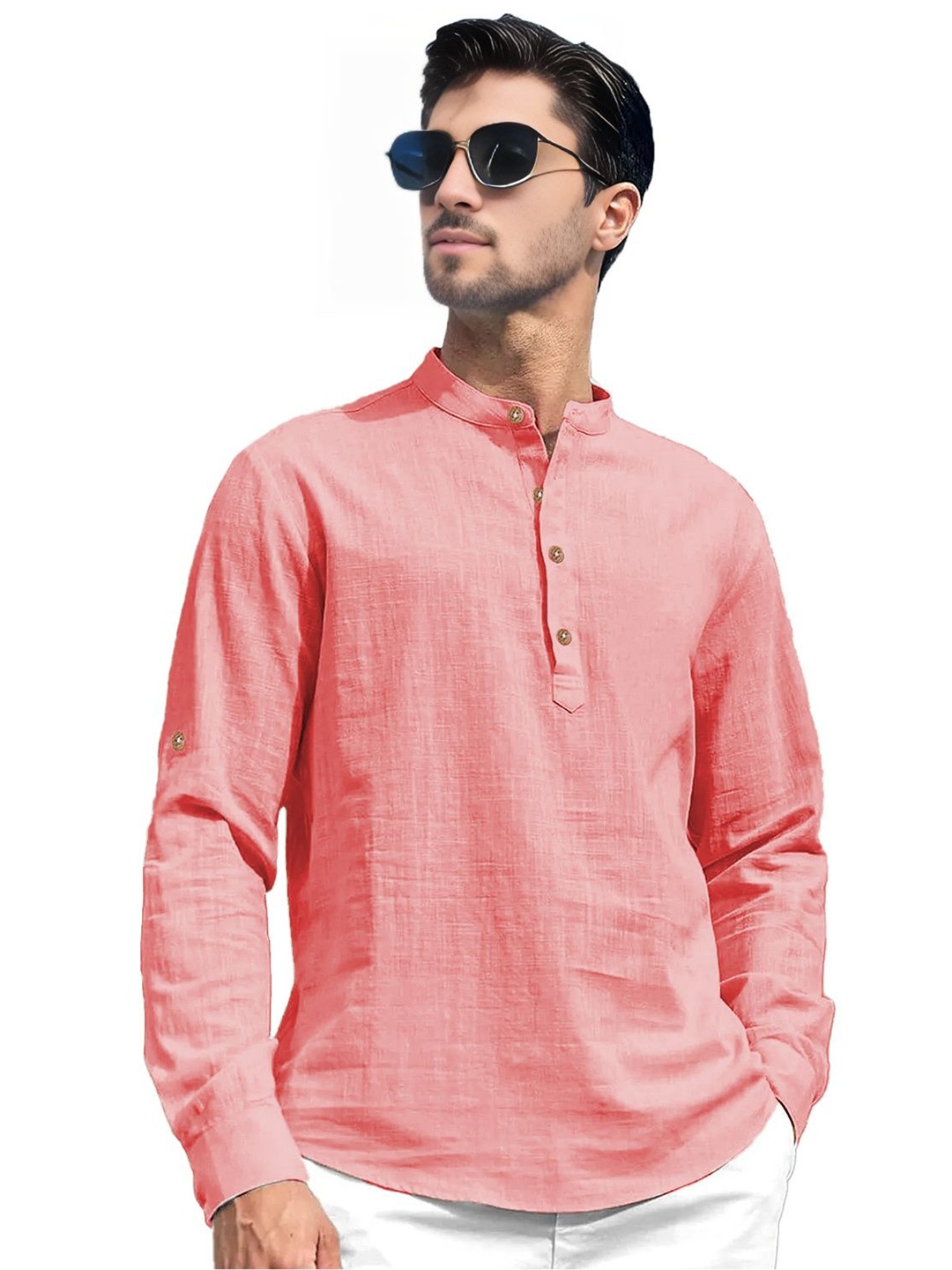 

Vida Loca Band Collar Roll-Up Sleeves Pure Cotton Slim Fit Straight Short Kurta, Peach