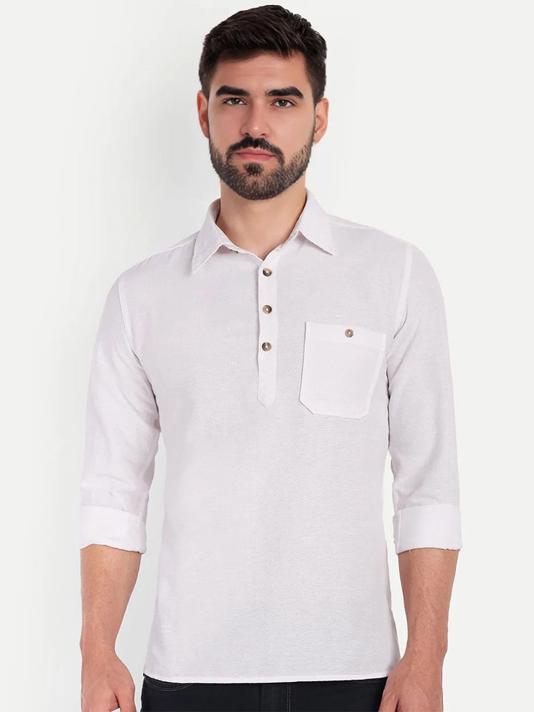 

Vida Loca Shirt Collar Pure Cotton Slim Fit Straight Short Kurta, White