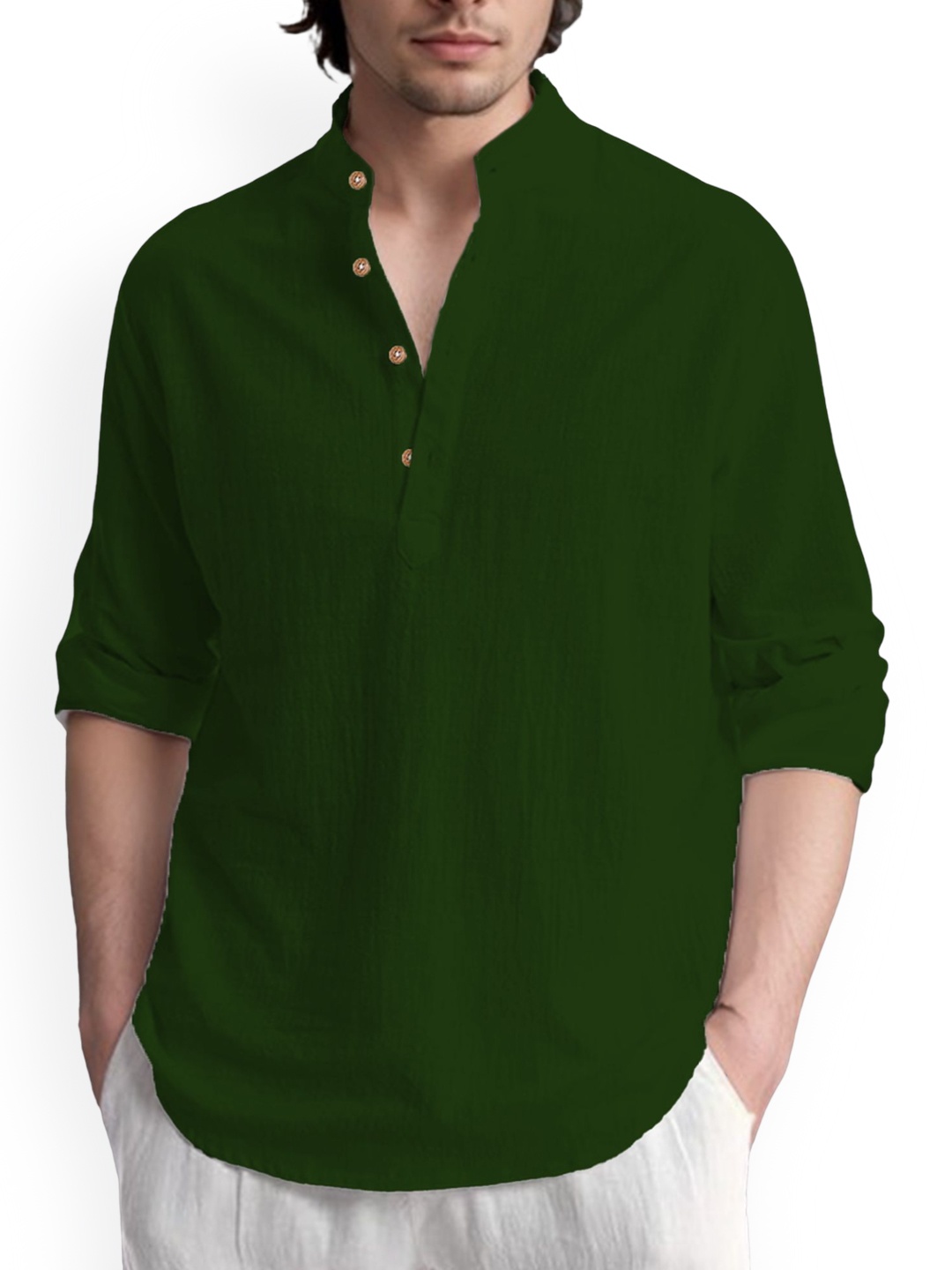 

Vida Loca Mandarin Collar Pure Cotton Slim Fit Straight Short Kurta, Olive