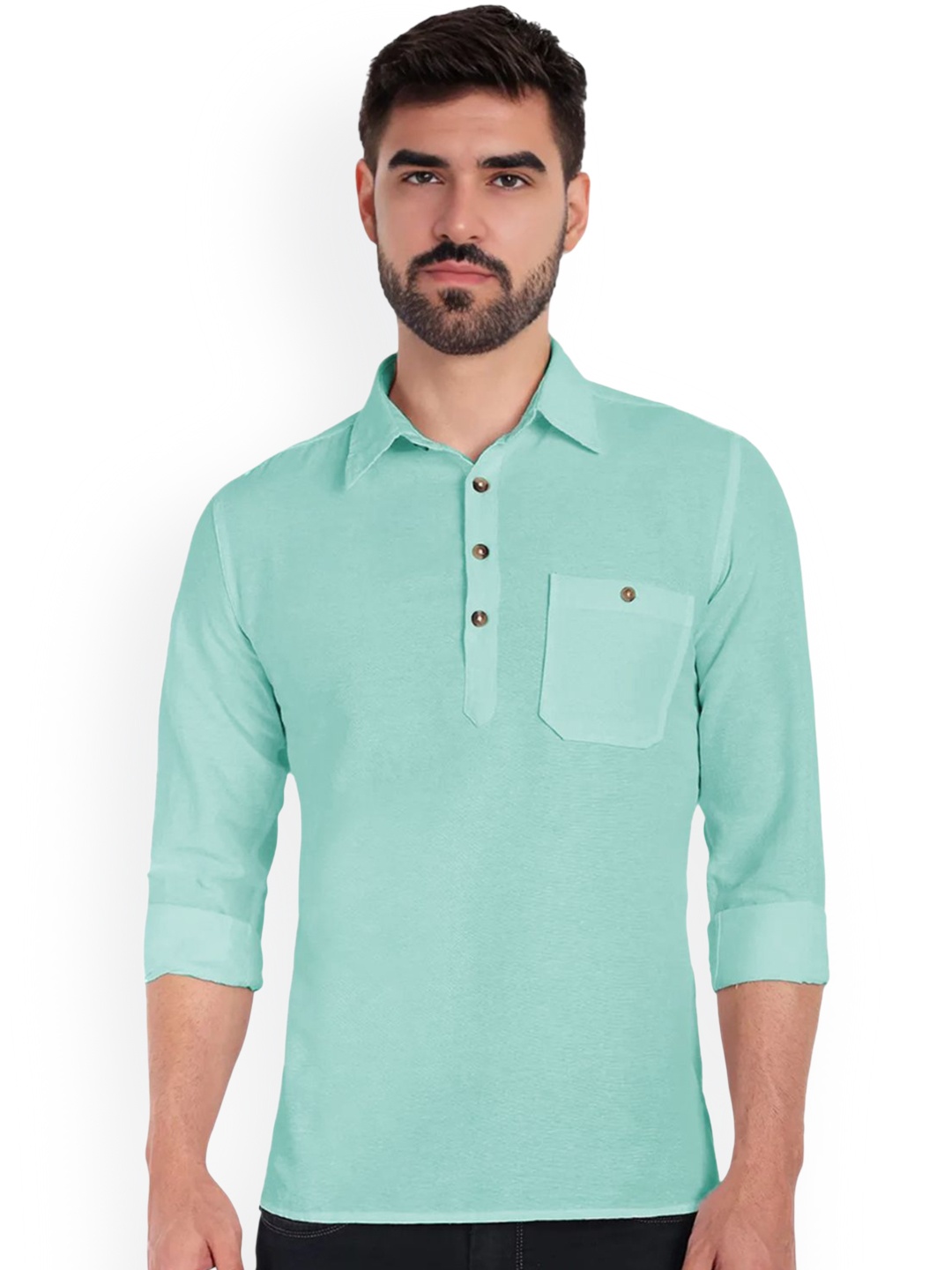 

Vida Loca Roll-Up Sleeves Shirt Collar Cotton Straight Short Kurta, Lime green