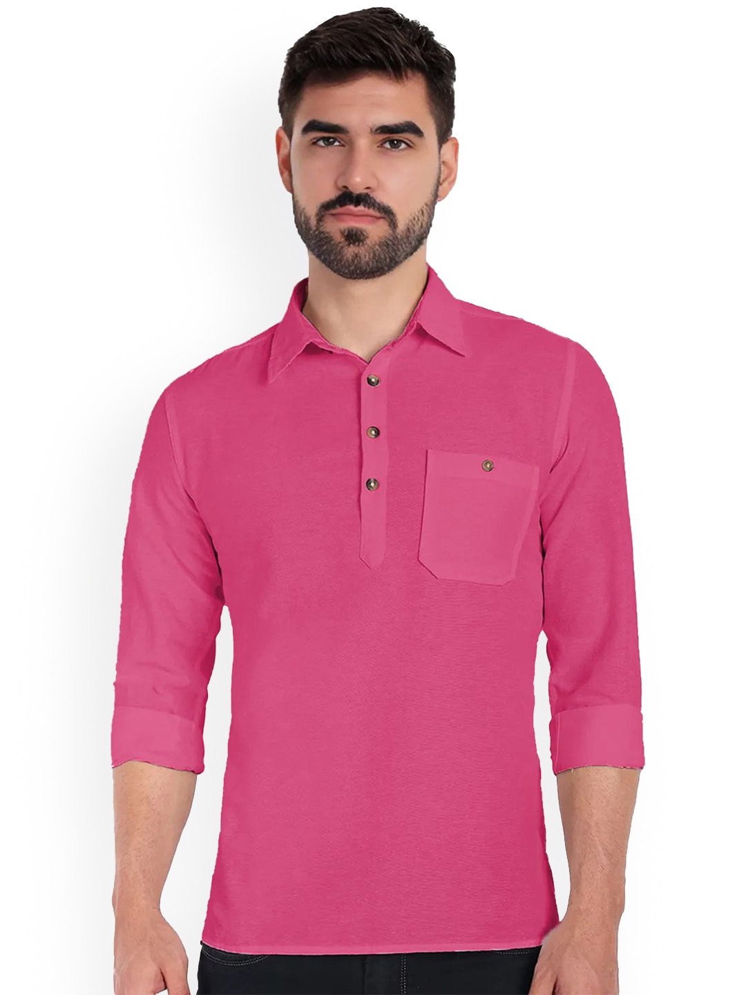 

Vida Loca Shirt Collar Roll-Up Sleeves Pure Cotton Slim Fit Straight Short Kurta, Pink