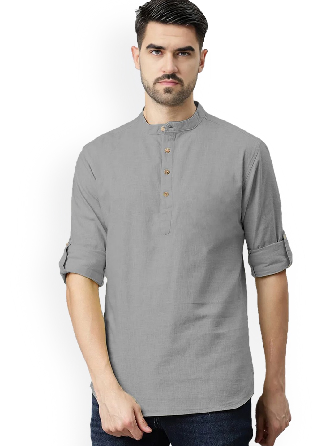 

Vida Loca Band Collar Roll-Up Sleeves Pure Cotton Slim Fit Straight Short Kurta, Grey