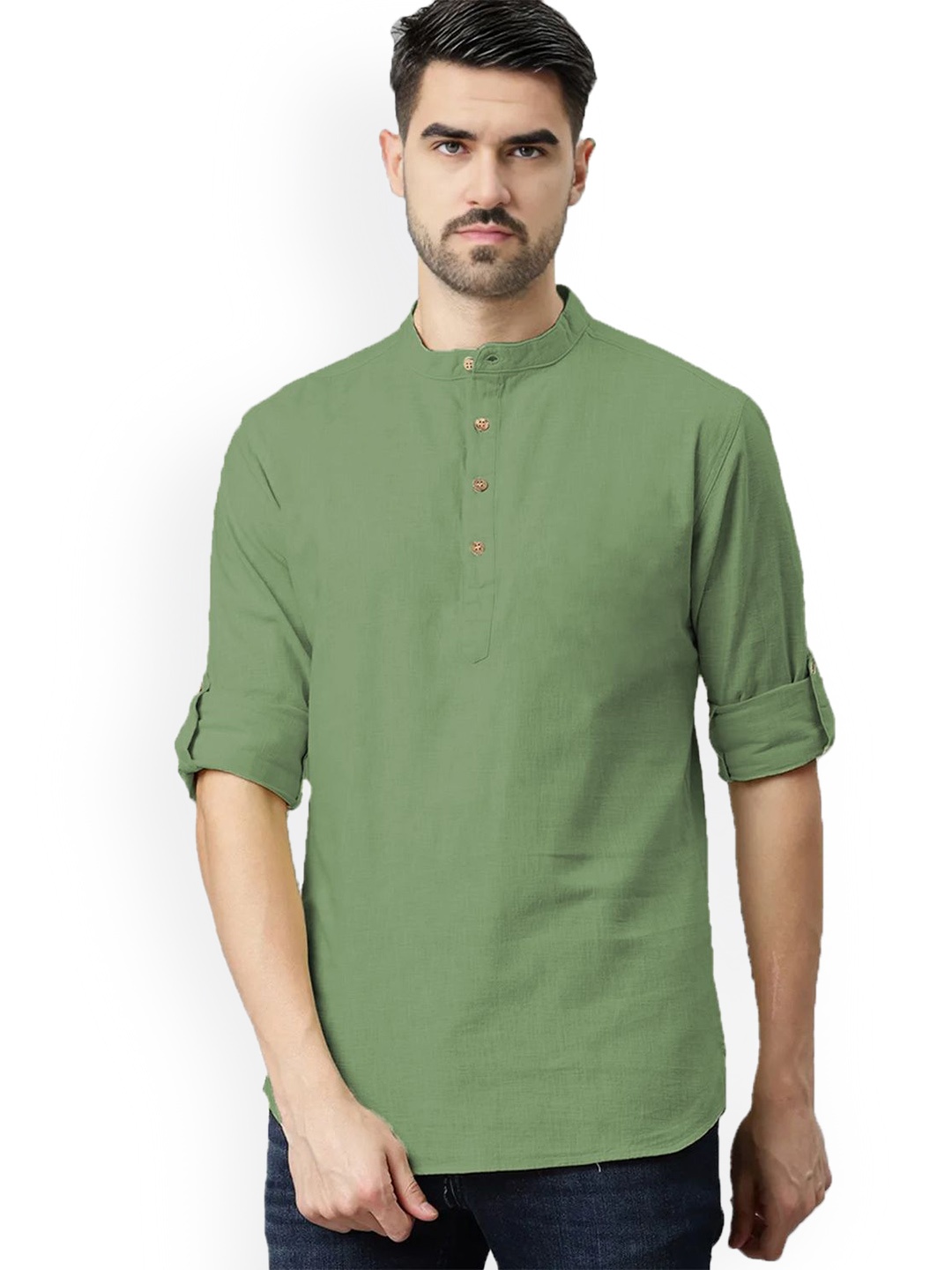 

Vida Loca Band Collar Roll-Up Sleeves Pure Cotton Slim Fit Straight Short Kurta, Khaki