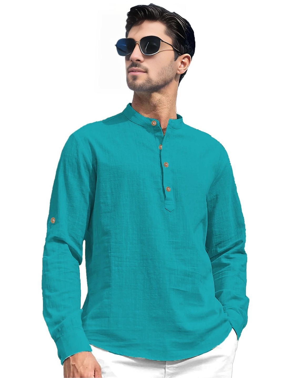 

Vida Loca Roll-Up Sleeves Band Collar Cotton Straight Short Kurta, Turquoise blue
