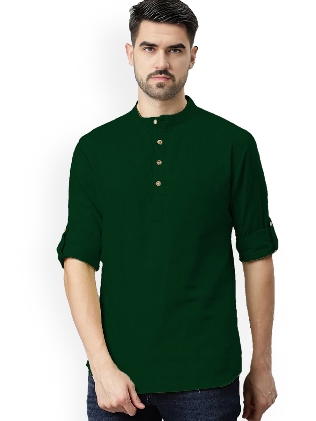 

Vida Loca Mandarin Collar Pure Cotton Slim Fit Straight Short Kurta, Green