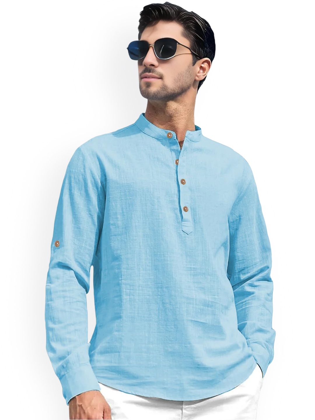 

Vida Loca Band Collar Roll-Up Sleeves Pure Cotton Slim Fit Straight Short Kurta, Blue