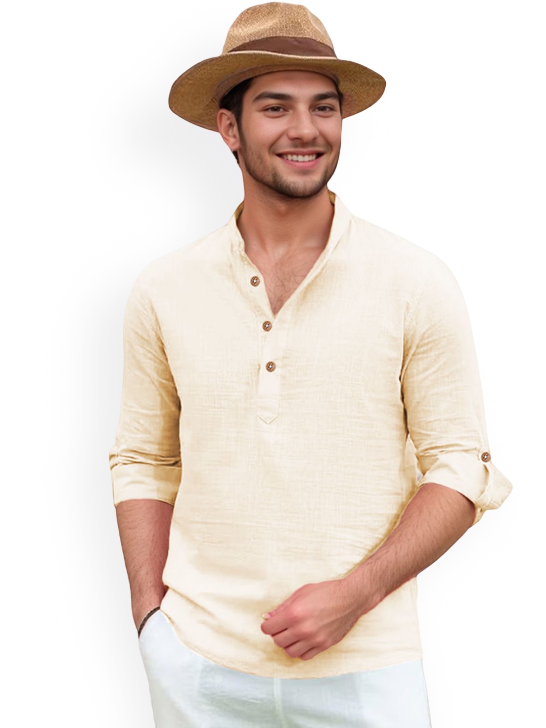 

Vida Loca Band Collar Roll-Up Sleeves Pure Cotton Slim Fit Straight Short Kurta, Beige