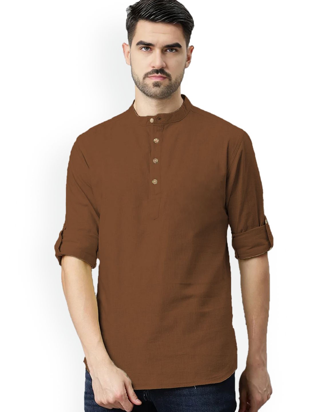 

Vida Loca Band Collar Collar Pure Cotton Slim Fit Straight Short Kurta, Brown