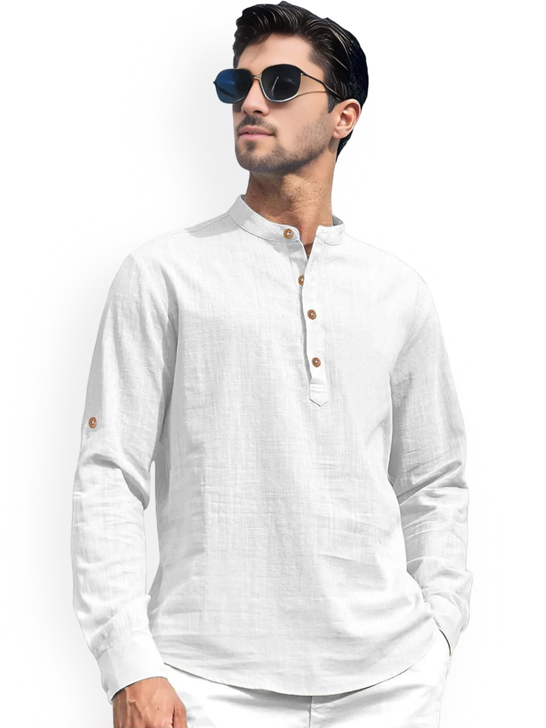 

Vida Loca Band Collar Roll-Up Sleeves Pure Cotton Slim Fit Straight Short Kurta, White