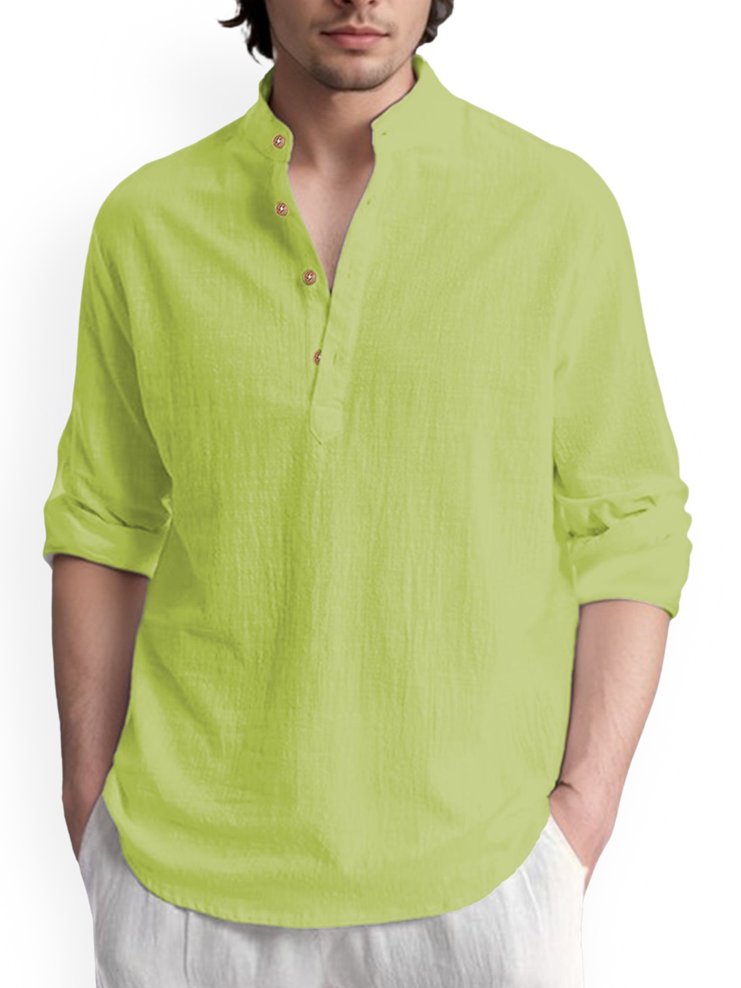 

Vida Loca Band Collar Roll-Up Sleeves Pure Cotton Slim Fit Straight Short Kurta, Green