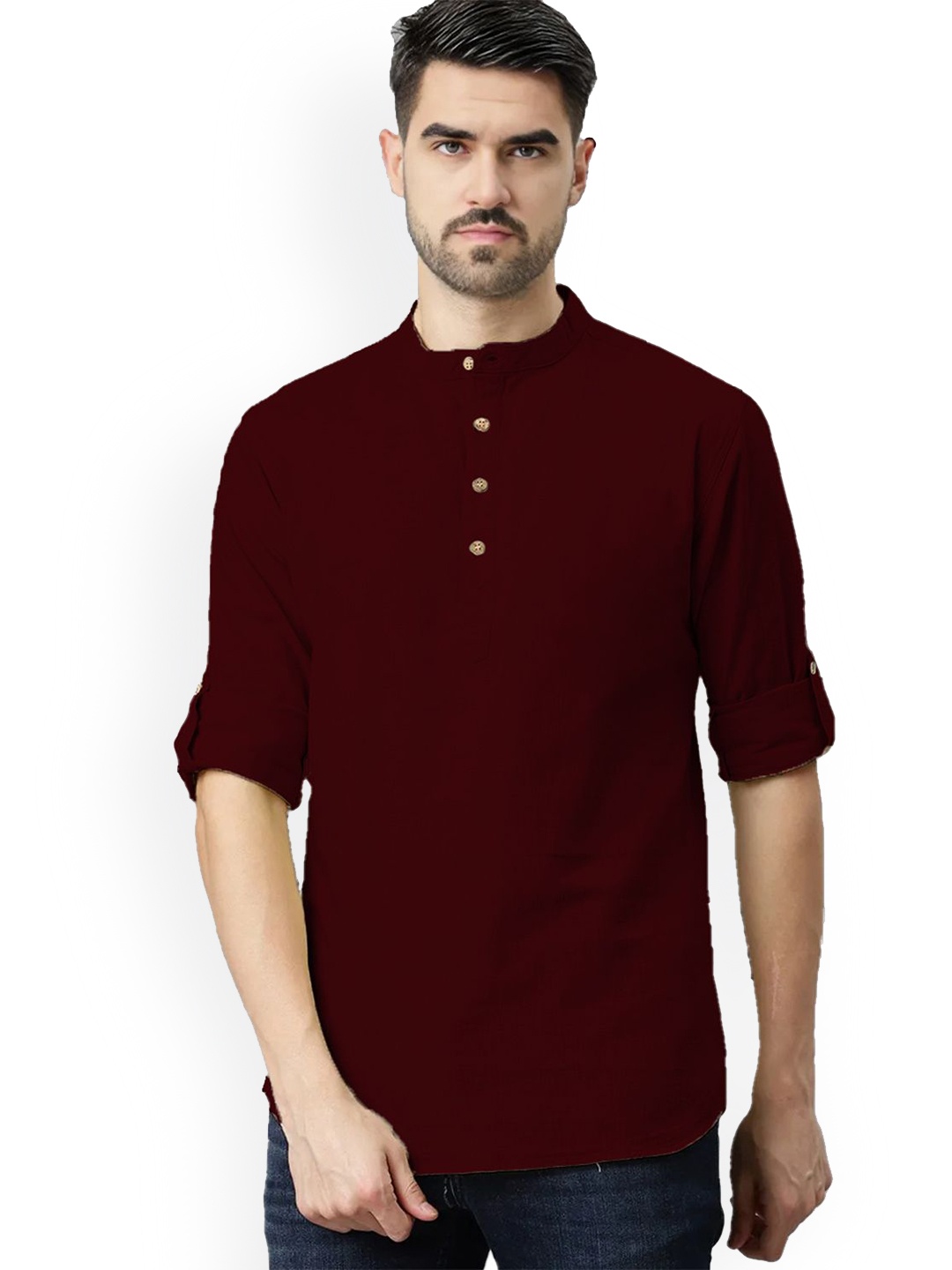 

Vida Loca Band Collar Roll-Up Sleeves Pure Cotton Slim Fit Straight Short Kurta, Maroon