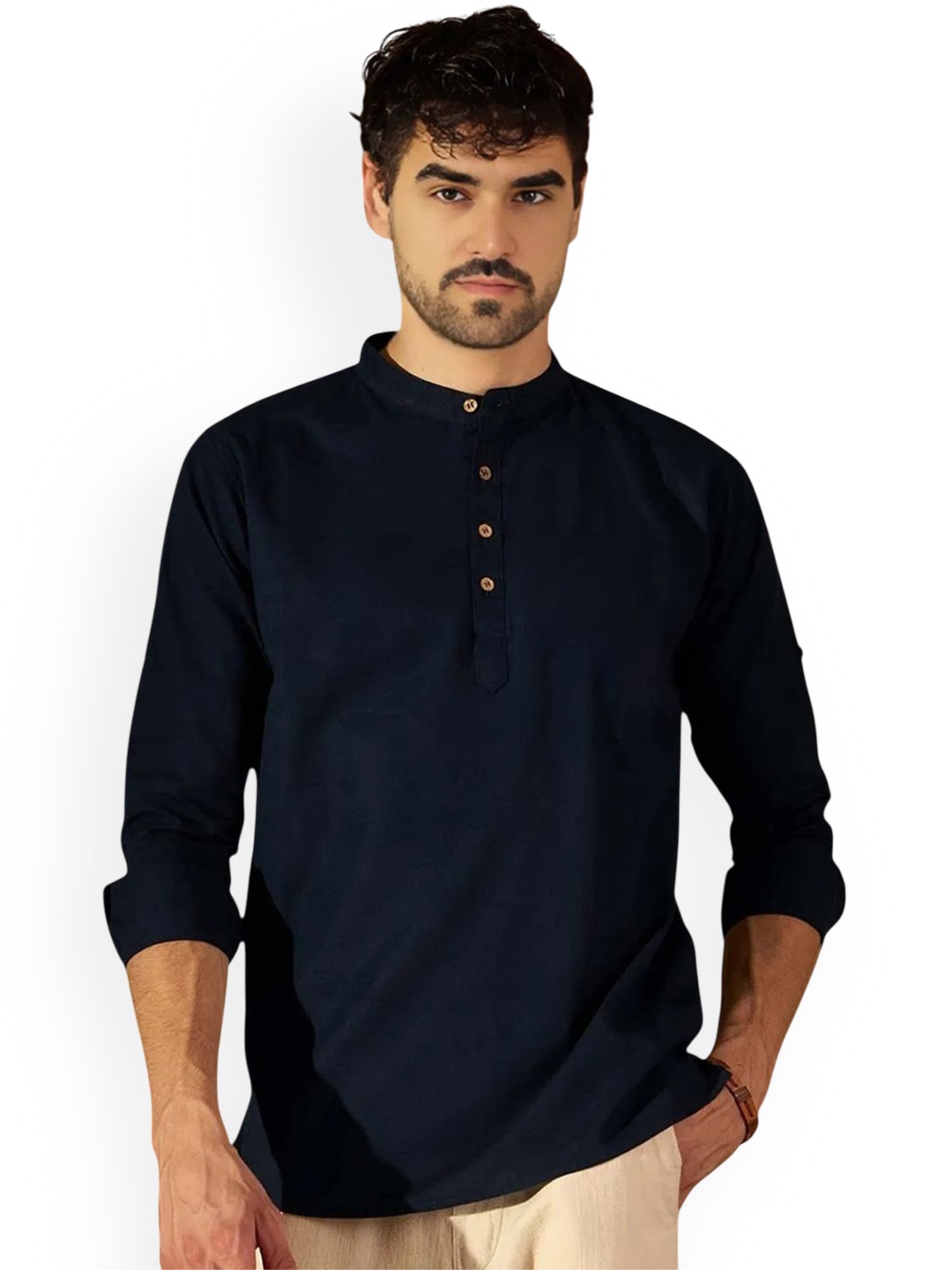 

Vida Loca Band Collar Roll-Up Sleeves Pure Cotton Slim Fit Straight Short Kurta, Navy blue