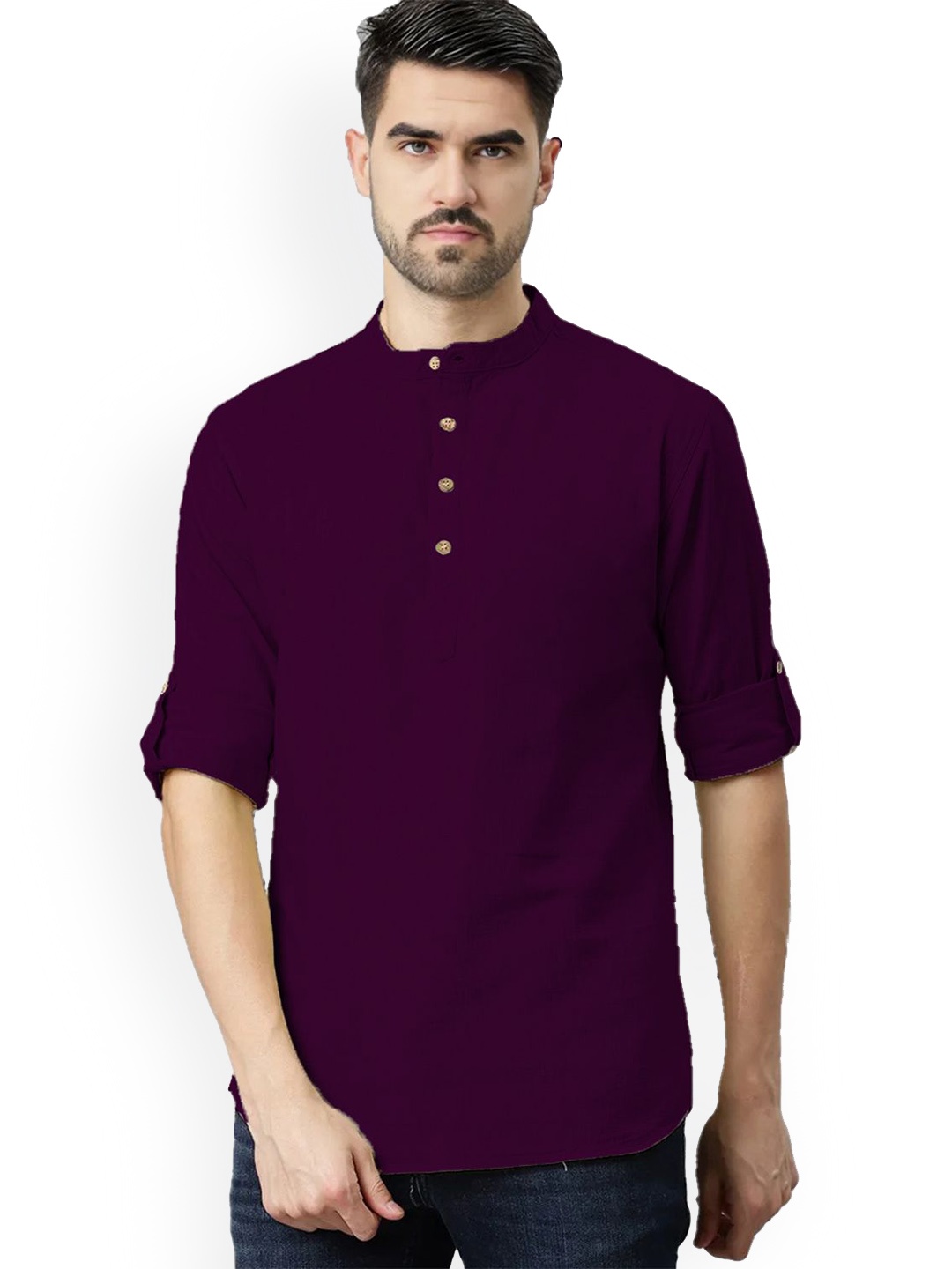 

Vida Loca Mandarin Collar Pure Cotton Slim Fit Straight Short Kurta, Purple