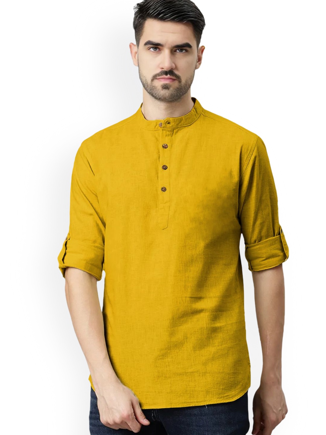 

Vida Loca Band Collar Roll-Up Sleeves Pure Cotton Slim Fit Straight Short Kurta, Yellow