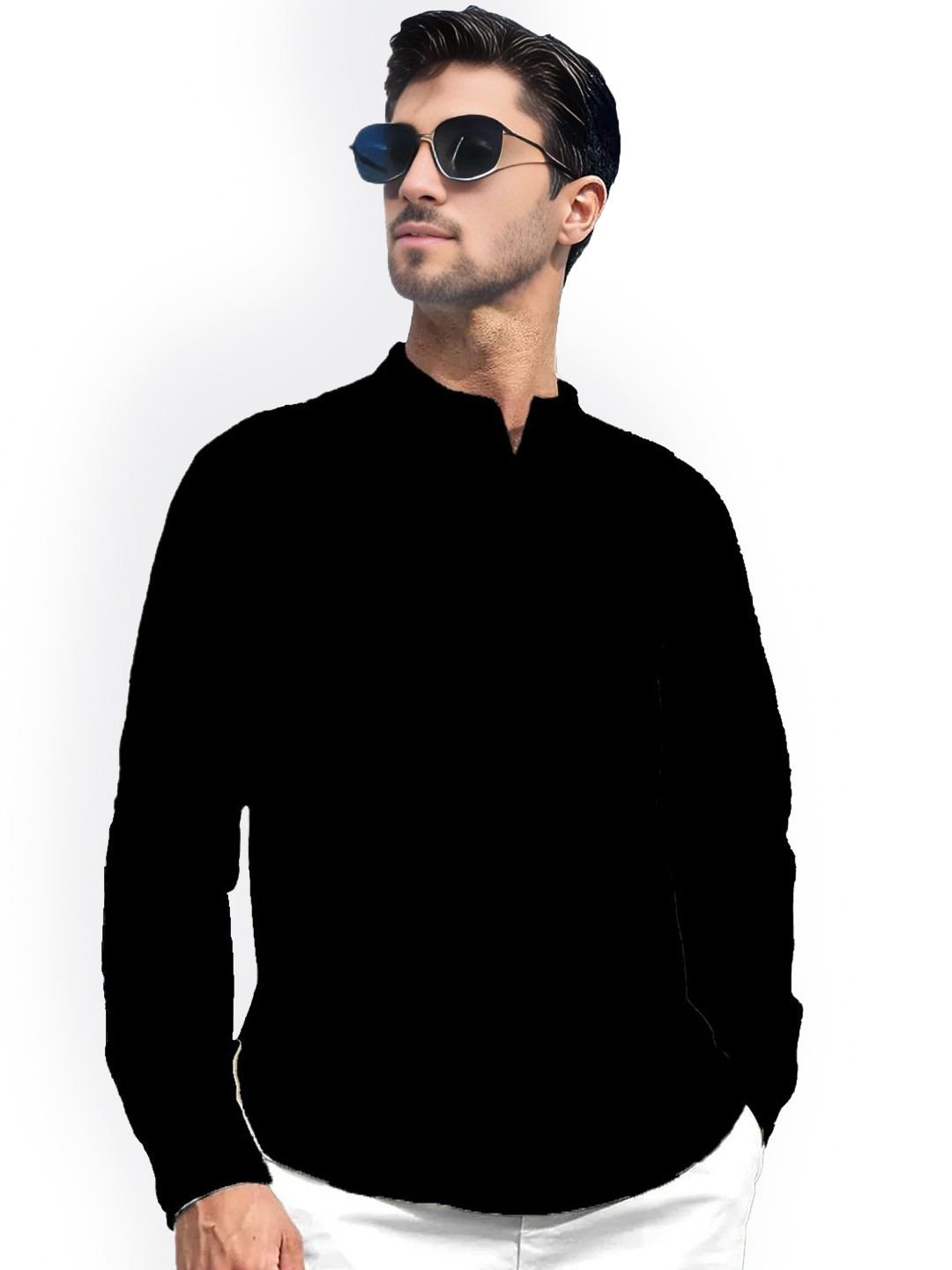 

Vida Loca Roll-Up Sleeves Band Collar Cotton Straight Short Kurta, Black