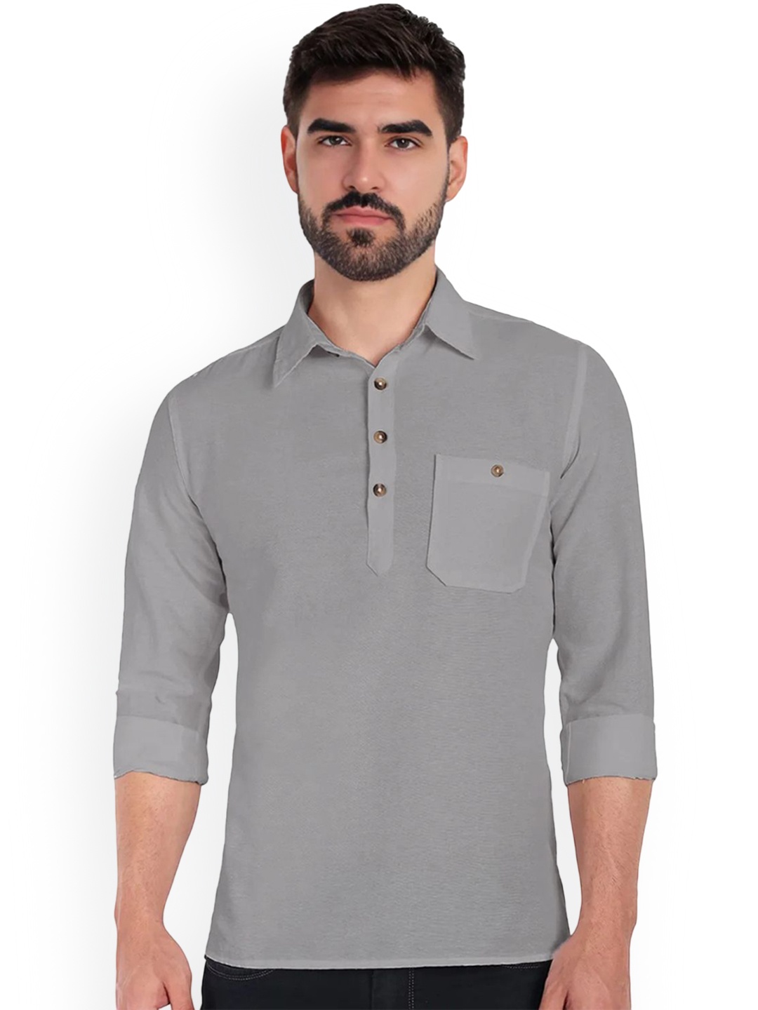 

Vida Loca Shirt Collar Roll-Up Sleeves Pure Cotton Slim Fit Straight Short Kurta, Grey