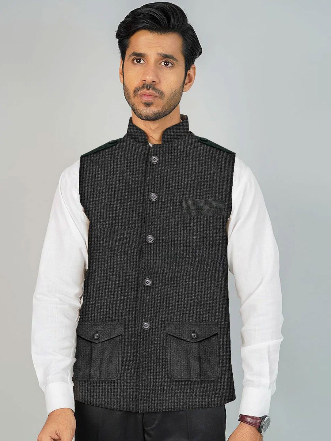 

Wintage Men Woven Design Satin Nehru Jacket, Black