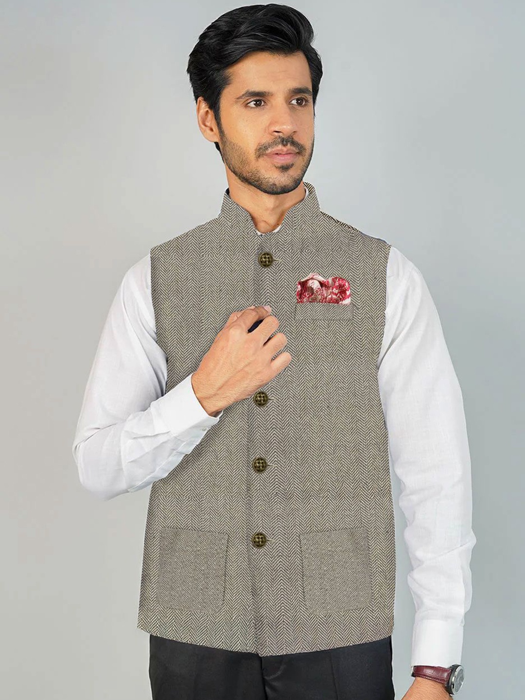 

Wintage Printed Satin Nehru Jackets, Grey