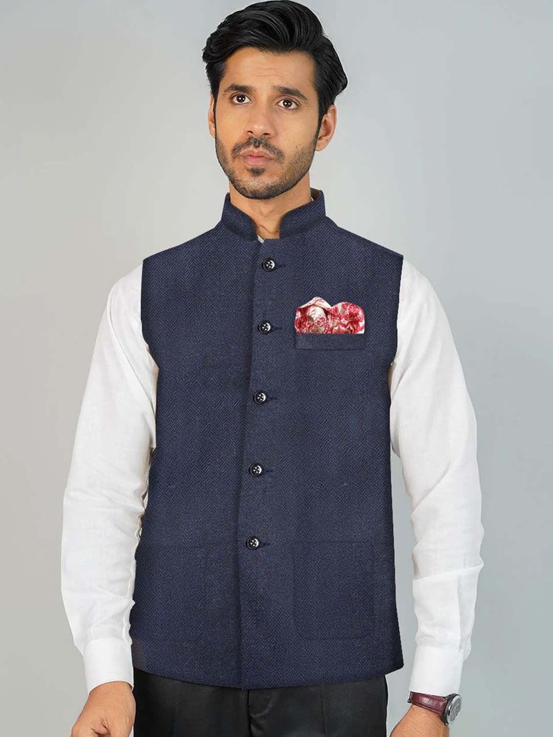 

Wintage Men Woven Design Nehru Jacket, Navy blue