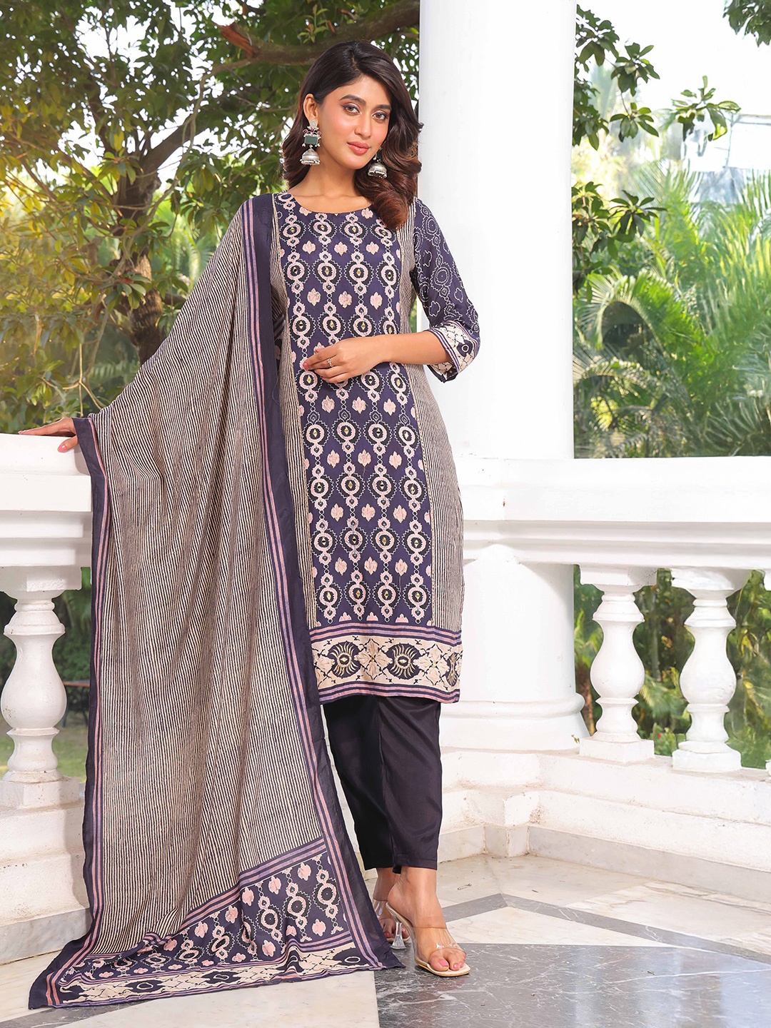 

Anouk Blue Ajrakh Printed Straight Kurta With Trousers And Dupatta