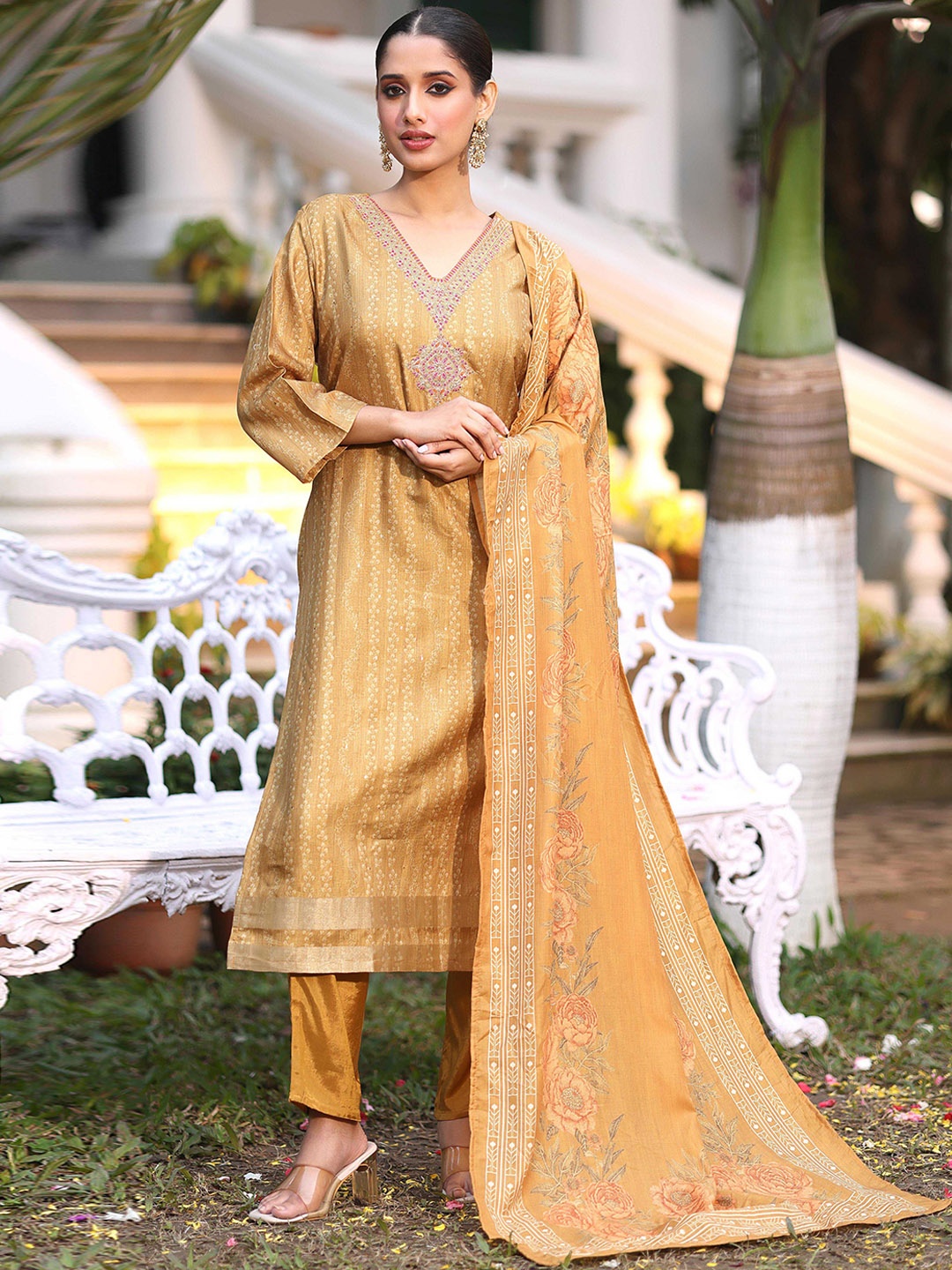 

Anouk Mustard Floral Embroidered V-Neck Straight Kurta With Trousers And Dupatta