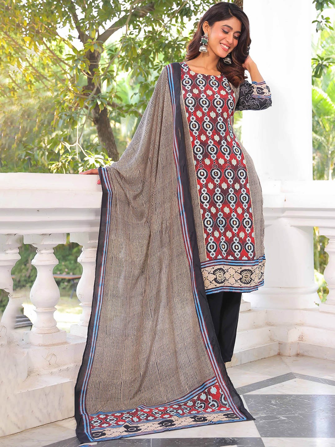 

Anouk Red Ajrakh Printed Straight Kurta With Trousers And Dupatta