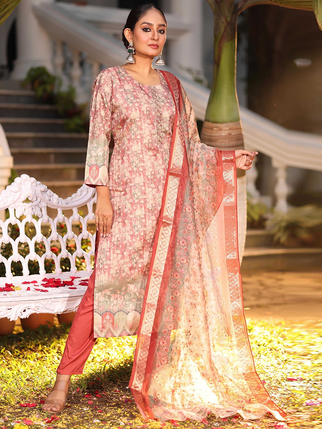

Anouk Rust Floral Printed Mirror Work Straight Kurta With Trousers And Dupatta