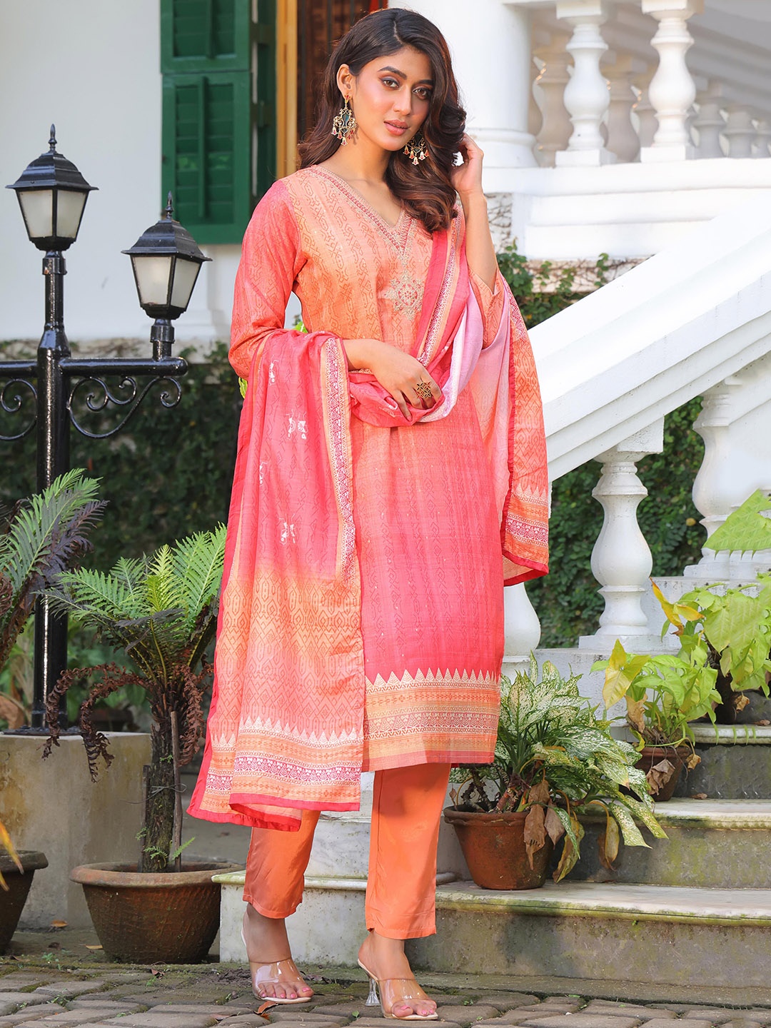 

Anouk Peach Floral Embroidered V-Neck Zari Straight Kurta With Trousers And Dupatta