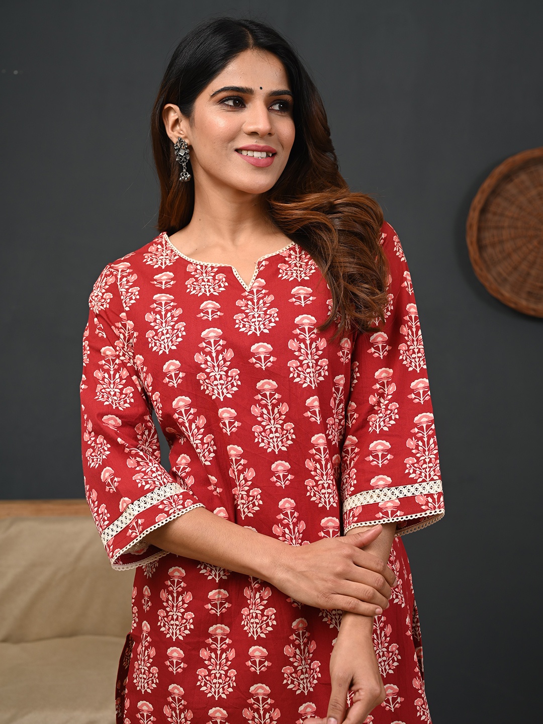 

Rimeline Women Ethnic Motifs Printed Pure Cotton Gotta Patti Kurti, Maroon