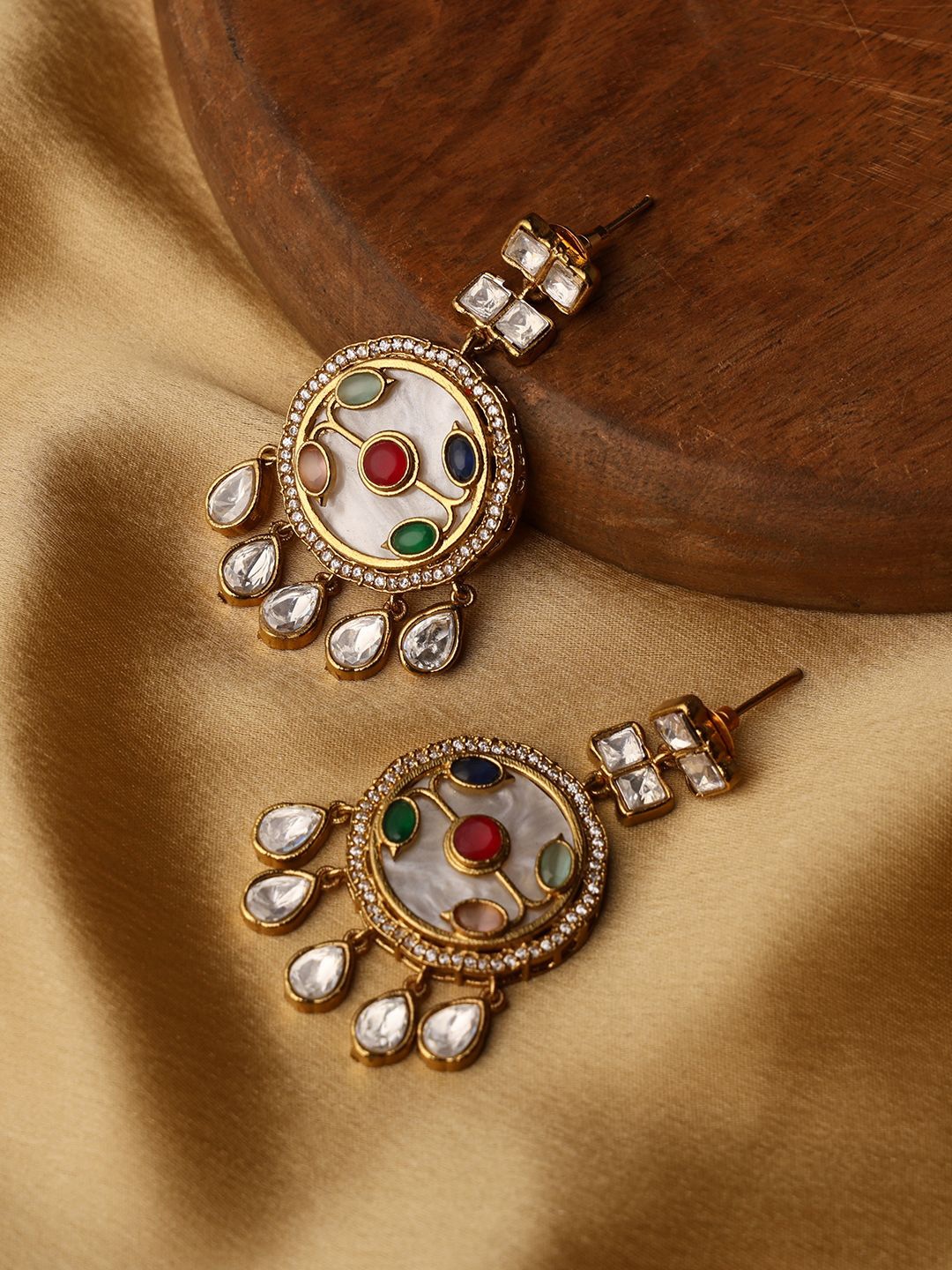 

VENI Gold-Plated Artificial Stones Studded Circular Shaped Drop Earrings