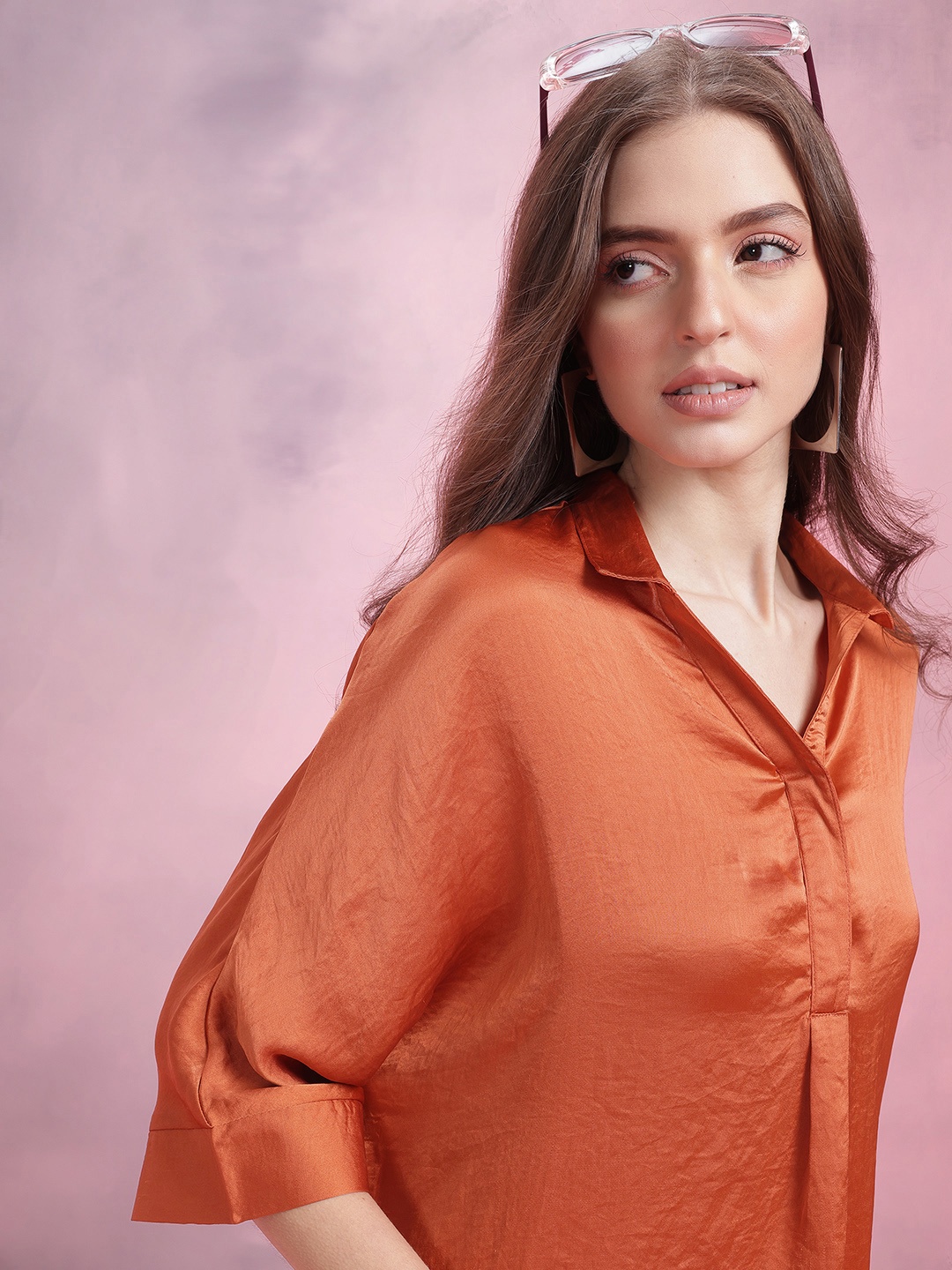 

DressBerry Solid Extended Sleeves Boxy Top, Rust