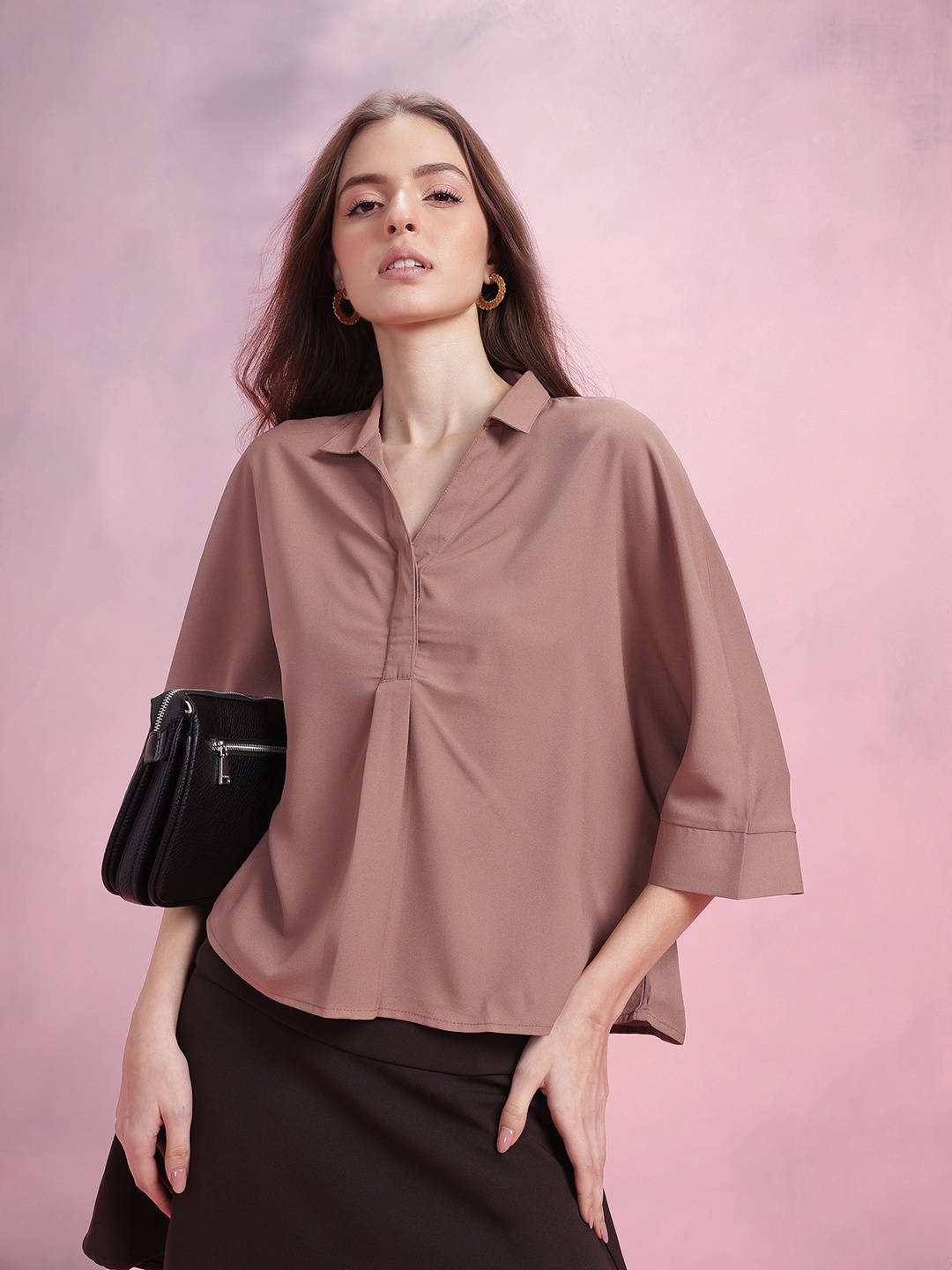 

DressBerry Solid Extended Sleeves Boxy Top, Brown