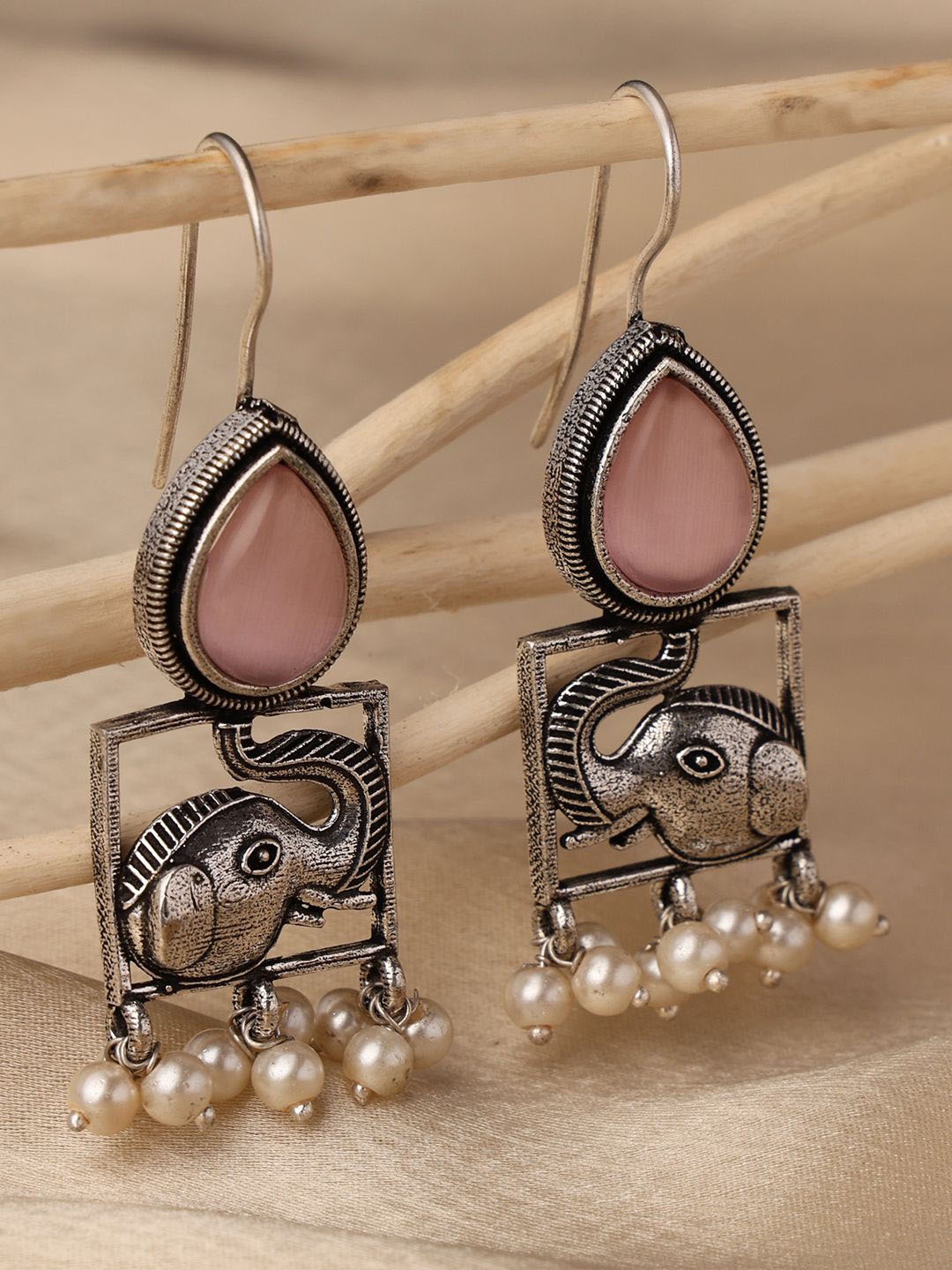 

VENI 925 Silver-Plated Artificial Stones Studded And Beaded Oxidised Drop Earrings