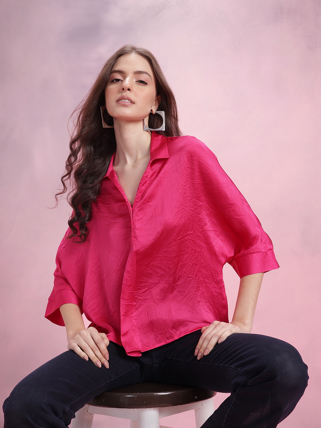 

DressBerry Solid Extended Sleeves Boxy Top, Fuchsia