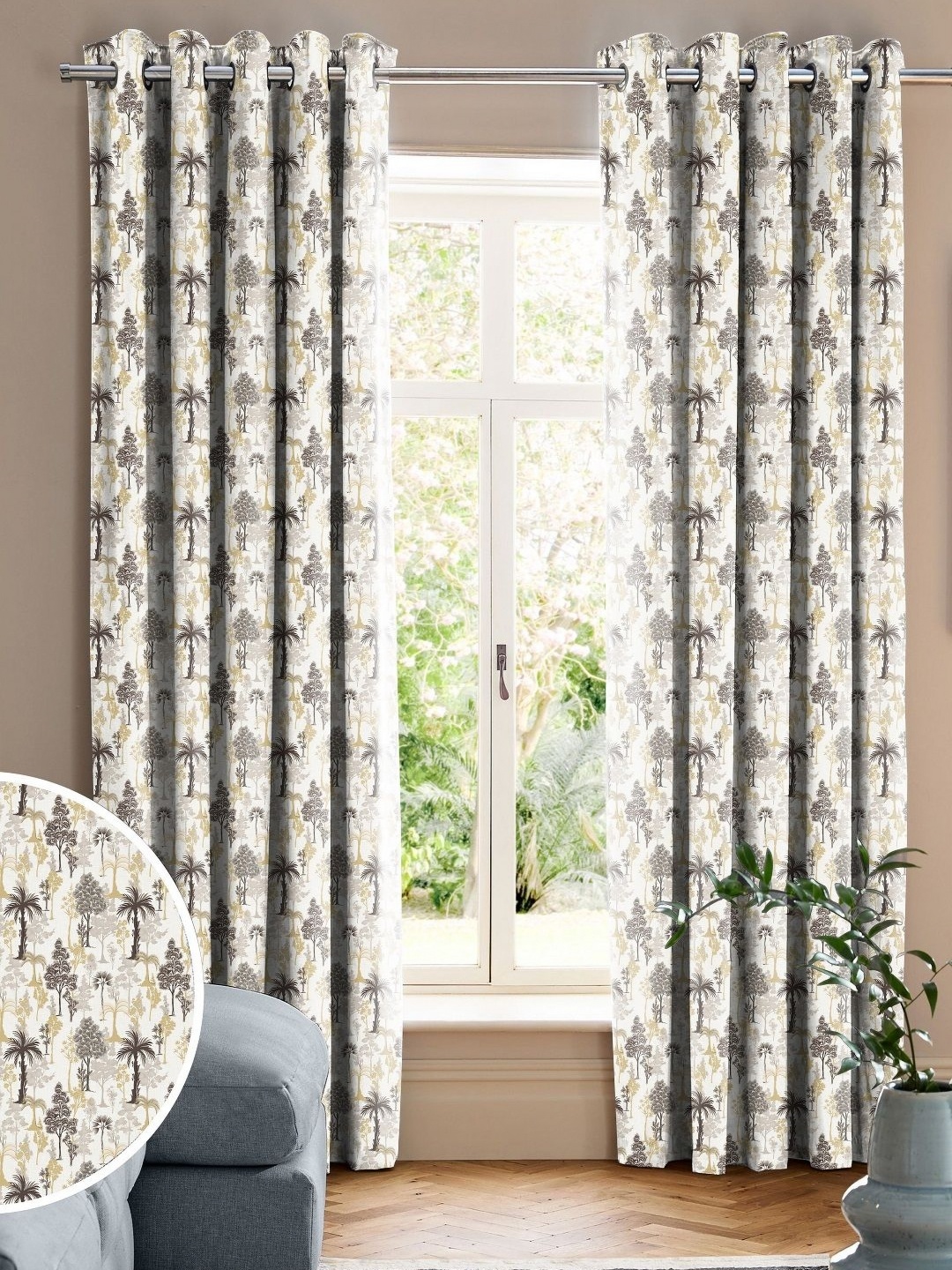 CASABLEU Brown Set of 2 Floral Door Curtain