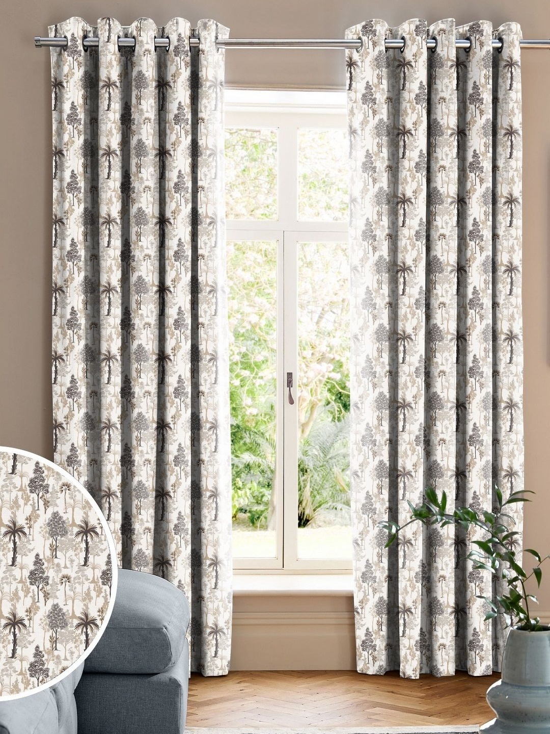 

CASABLEU Jennings Grey and White 2 Pieces Floral Printed Door Curtains