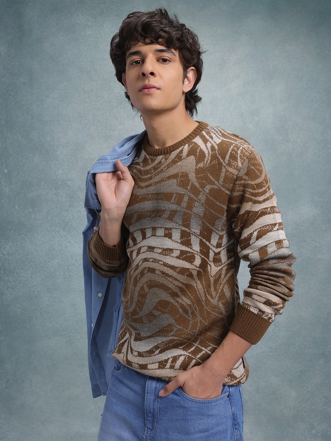 

The Roadster Lifestyle Co. Abstract Woven Design Pure Cotton Pullover, Brown