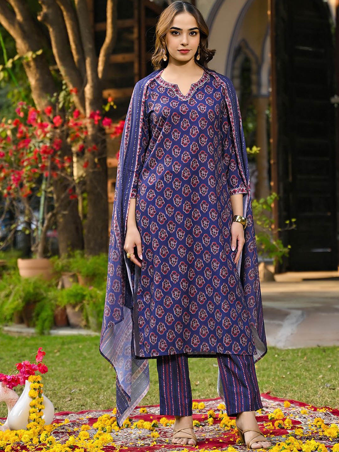 

KALINI Floral Printed V-Neck Gotta Patti Straight Kurta With Trousers & Dupatta, Navy blue