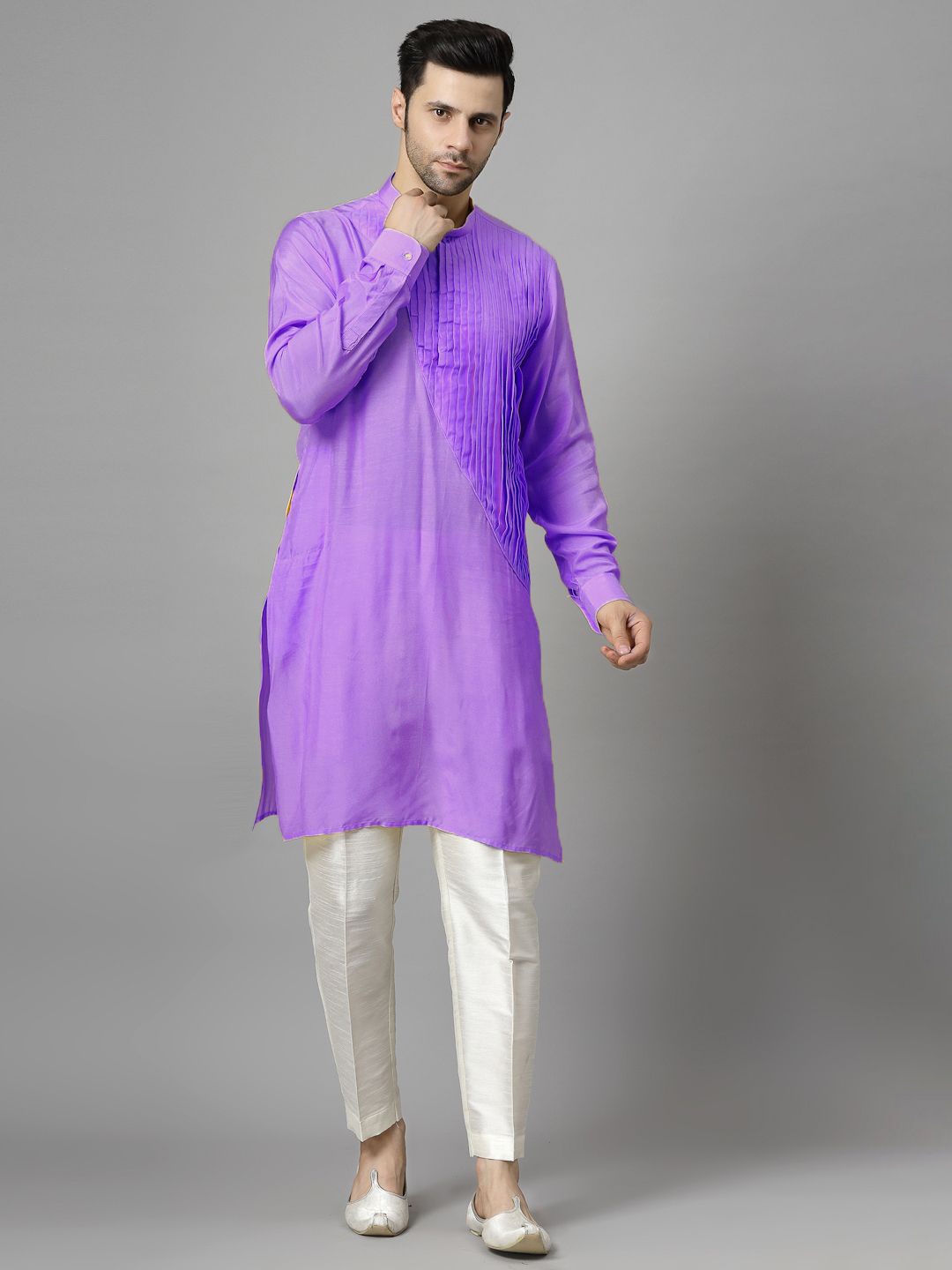 

Utsav Fashion Men Pleated Raw Silk Kurta with Trousers, Purple