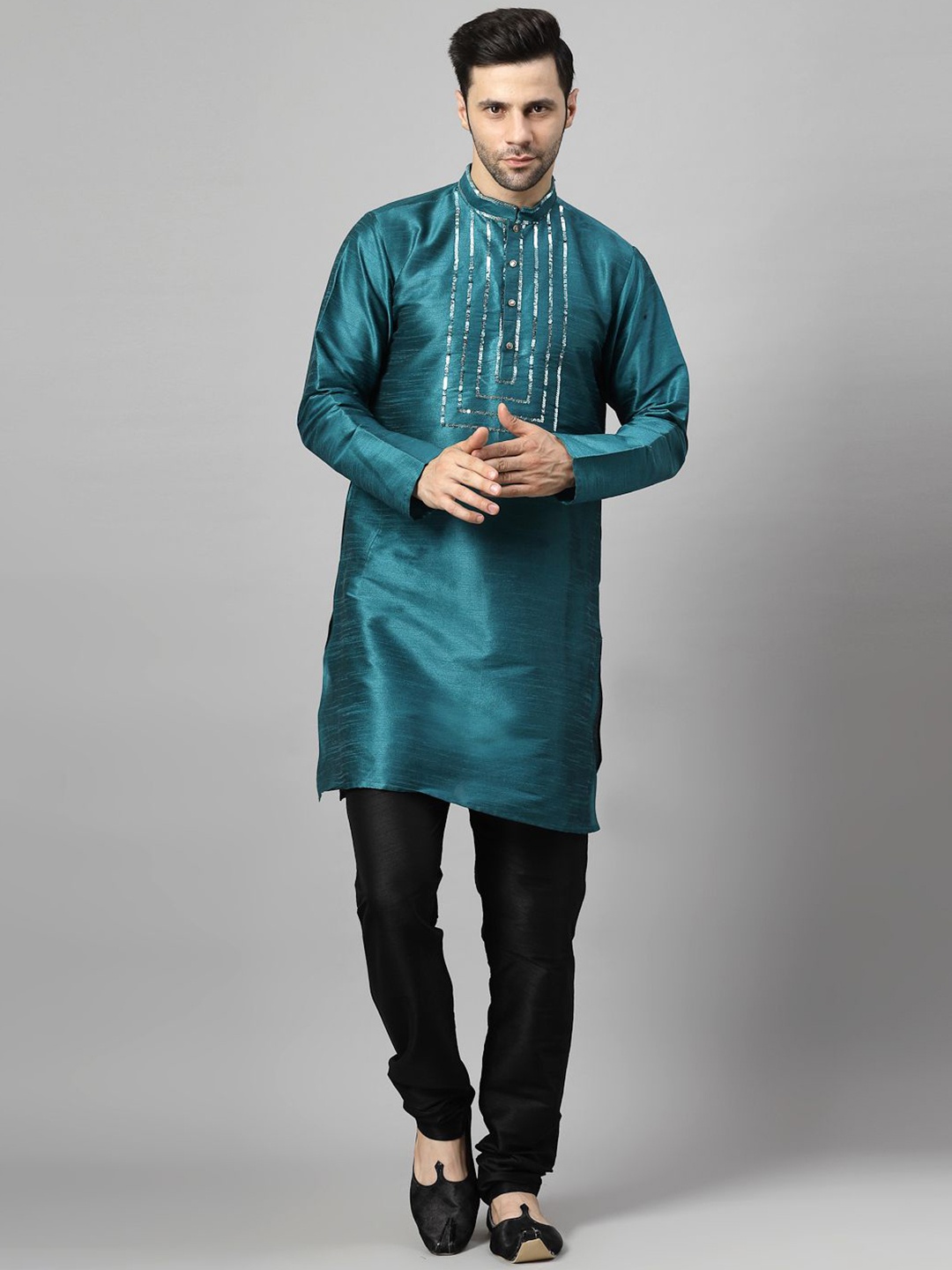 

Utsav Fashion Men Yoke Design Regular Sequinned Kurta with Churidar, Teal