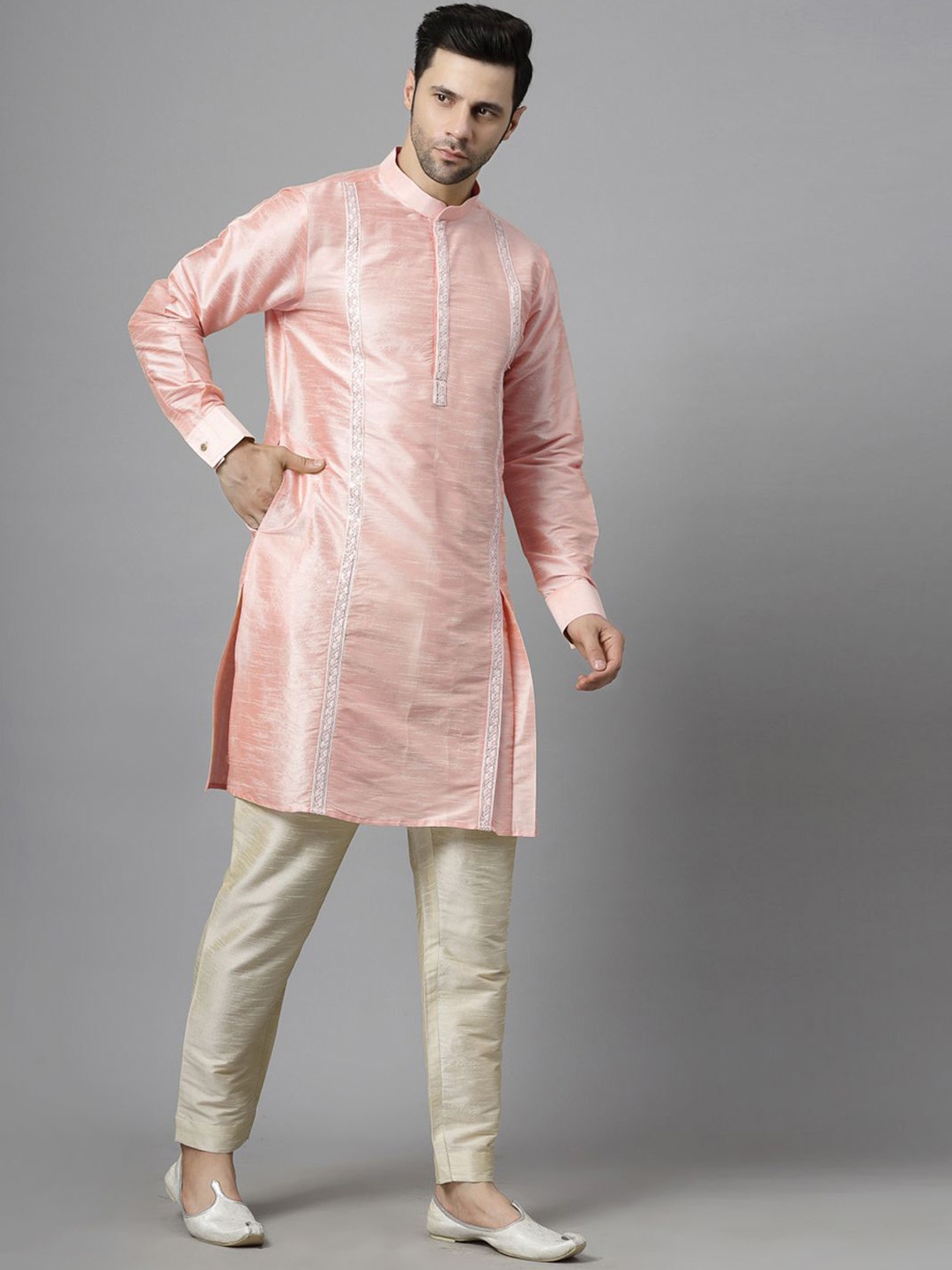 

Utsav Fashion Men Embroidered Regular Sequinned Kurta with Trousers, Peach