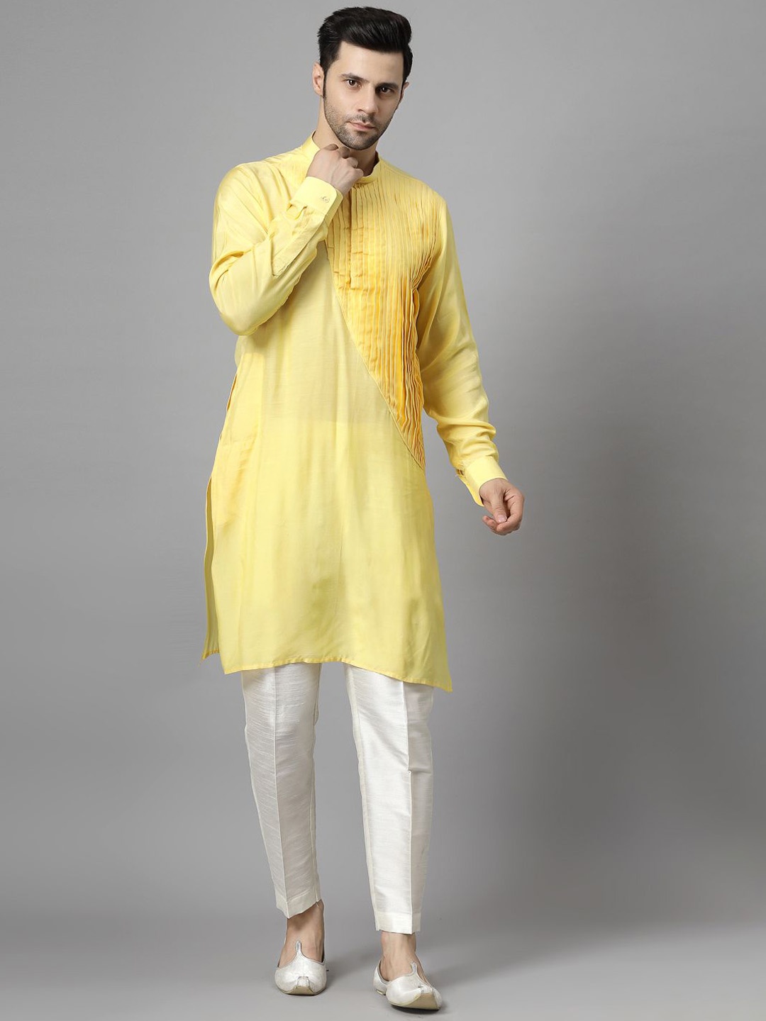 

Utsav Fashion Men Yoke Design Pleated Raw Silk Kurta with Trousers, Yellow