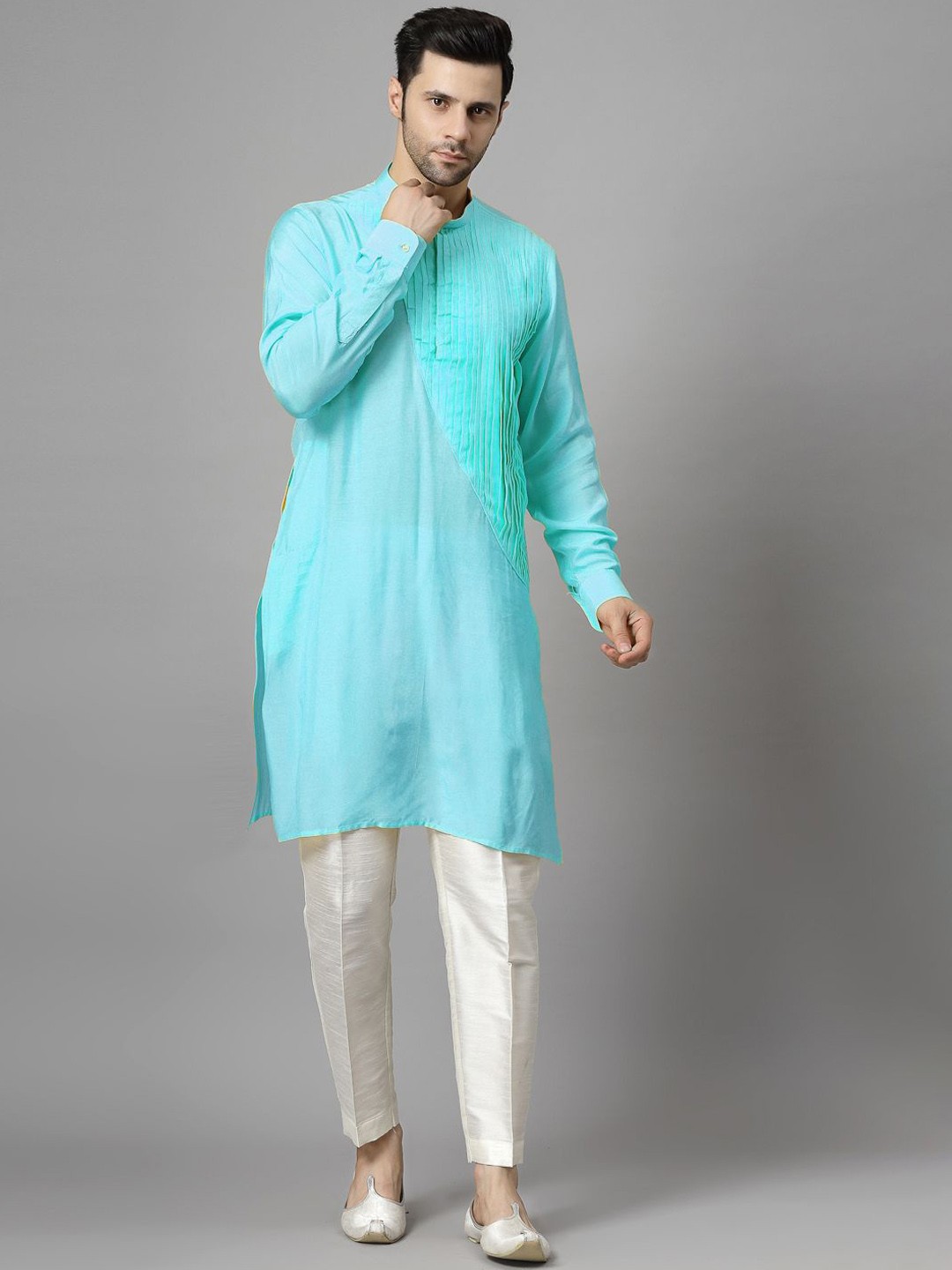 

Utsav Fashion Men Yoke Design Pleated Raw Silk Kurta with Trousers, Blue