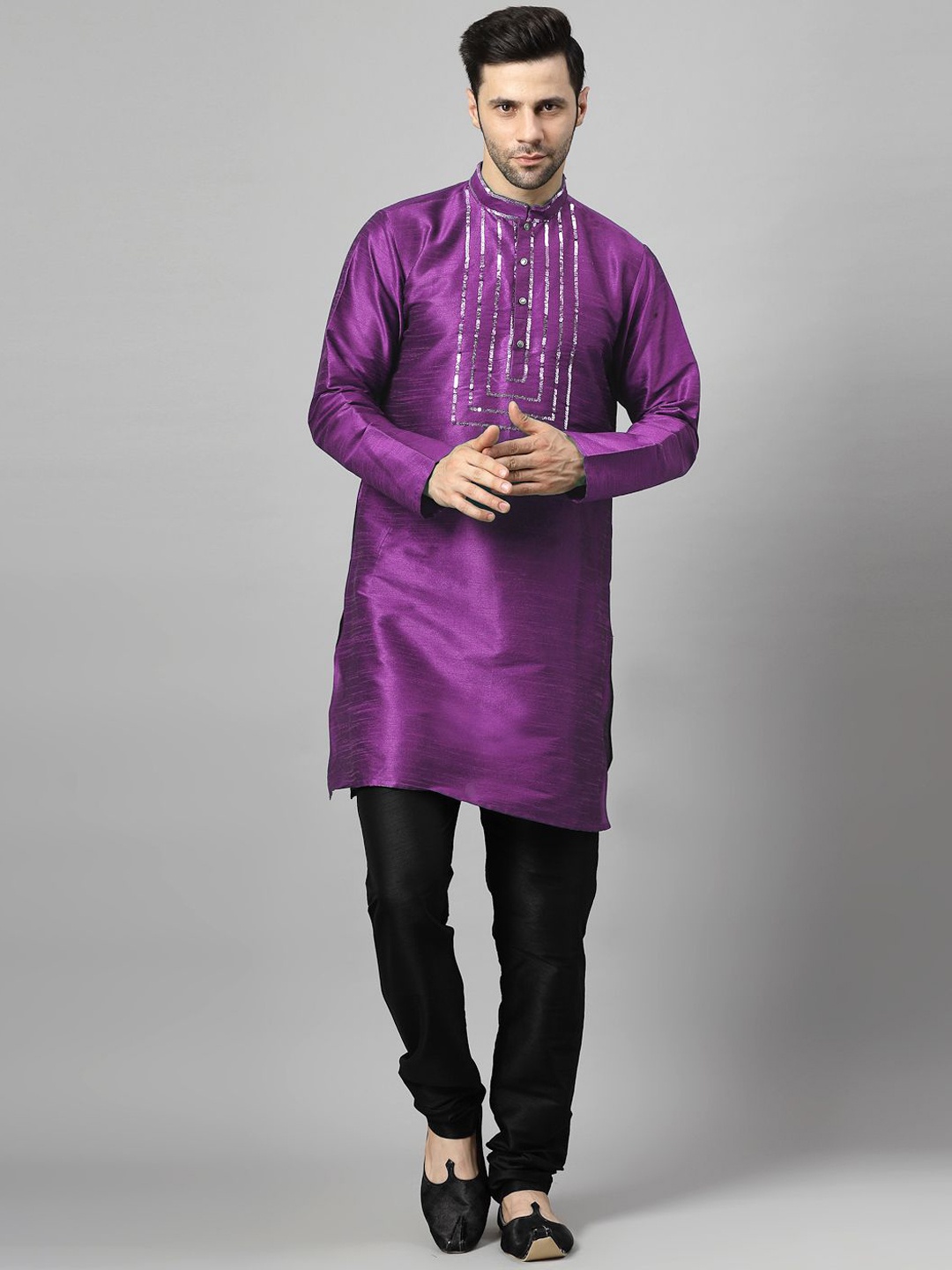 

Utsav Fashion Men Ethnic Motifs Yoke Design Regular Sequinned Kurta with Churidar, Purple