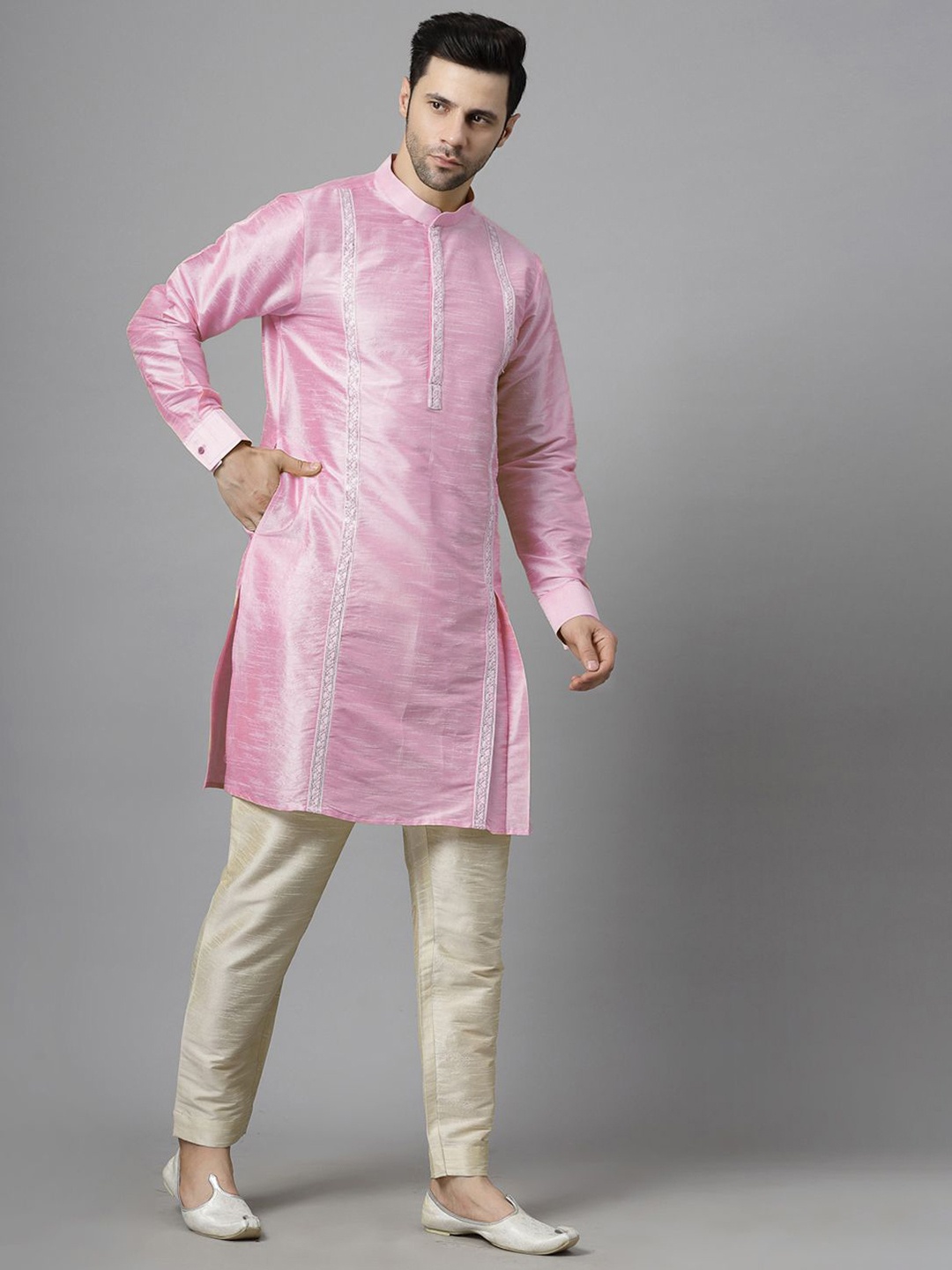 

Utsav Fashion Men Embroidered High Slit Sequinned Kurta with Trousers, Pink