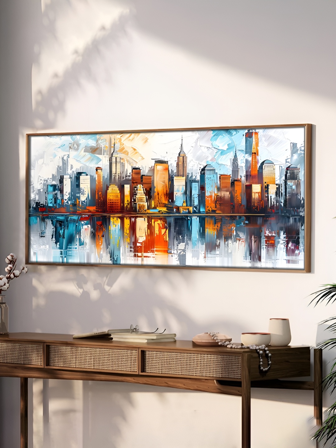 Art Street White & Blue Abstract Cityviews Framed Canvas Wall Painting