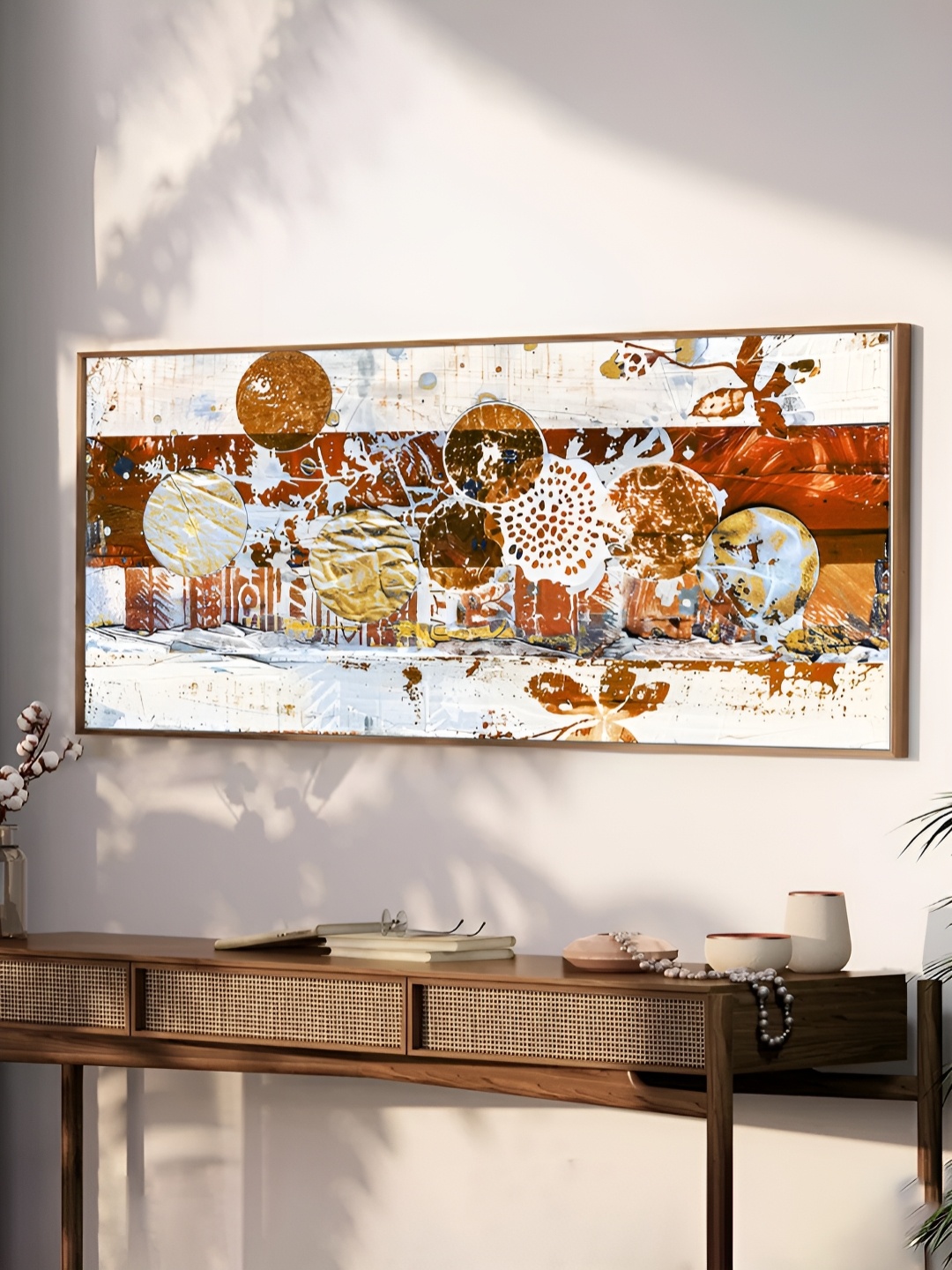 

Art Street Gold-Toned & White Circle Framed Canvas Abstract Wall Painting
