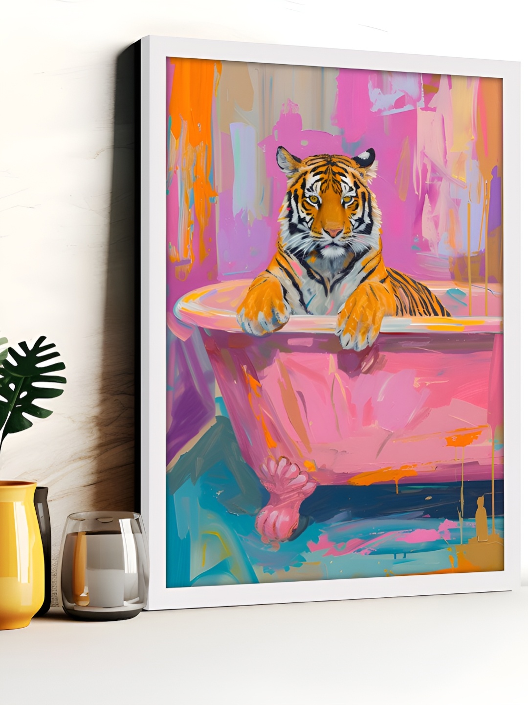 

Art Street Pink & Orange Maximalist Tiger Electric Synthetic Wood Wall Painting