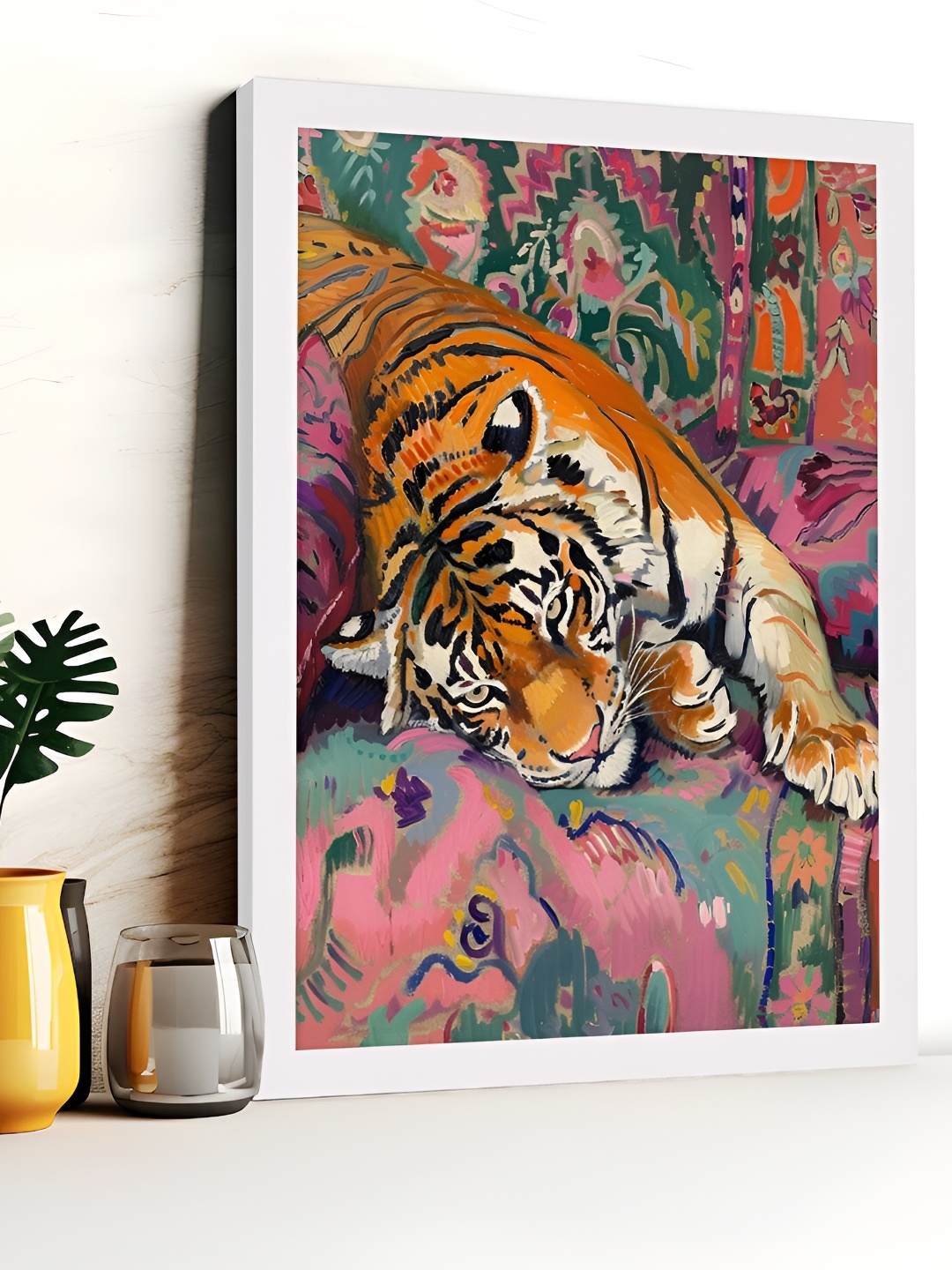

Art Street Pink & Green Resting Tiger Electric Synthetic Wood Wall Painting